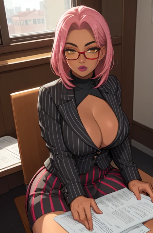 (highres, high quality:1.3), intricate details, cinematic lighting, sharp focus, depth of field,
Ingrid, 1girl, solo, mature female, dark-skinned female, dark skin, full body, sitting, on office chair,  crossed legs, office, window, (hand on eyewear:1.1), reading newspaper, office table, computer, window, sky
determined,
pink hair, (single hair bun:0.9), glasses, red-framed eyewear, bangs, makeup, lipstick, (mole under mouth:0.8), eyelashes, yellow eyes, detailed eyes, perfect face,
(secretary:1.2), striped jacket, bra, (striped skirt:1.1), fishnet pantyhose, high heels,
large breasts, cleavage, areola slip, (nipple slip:0.8),