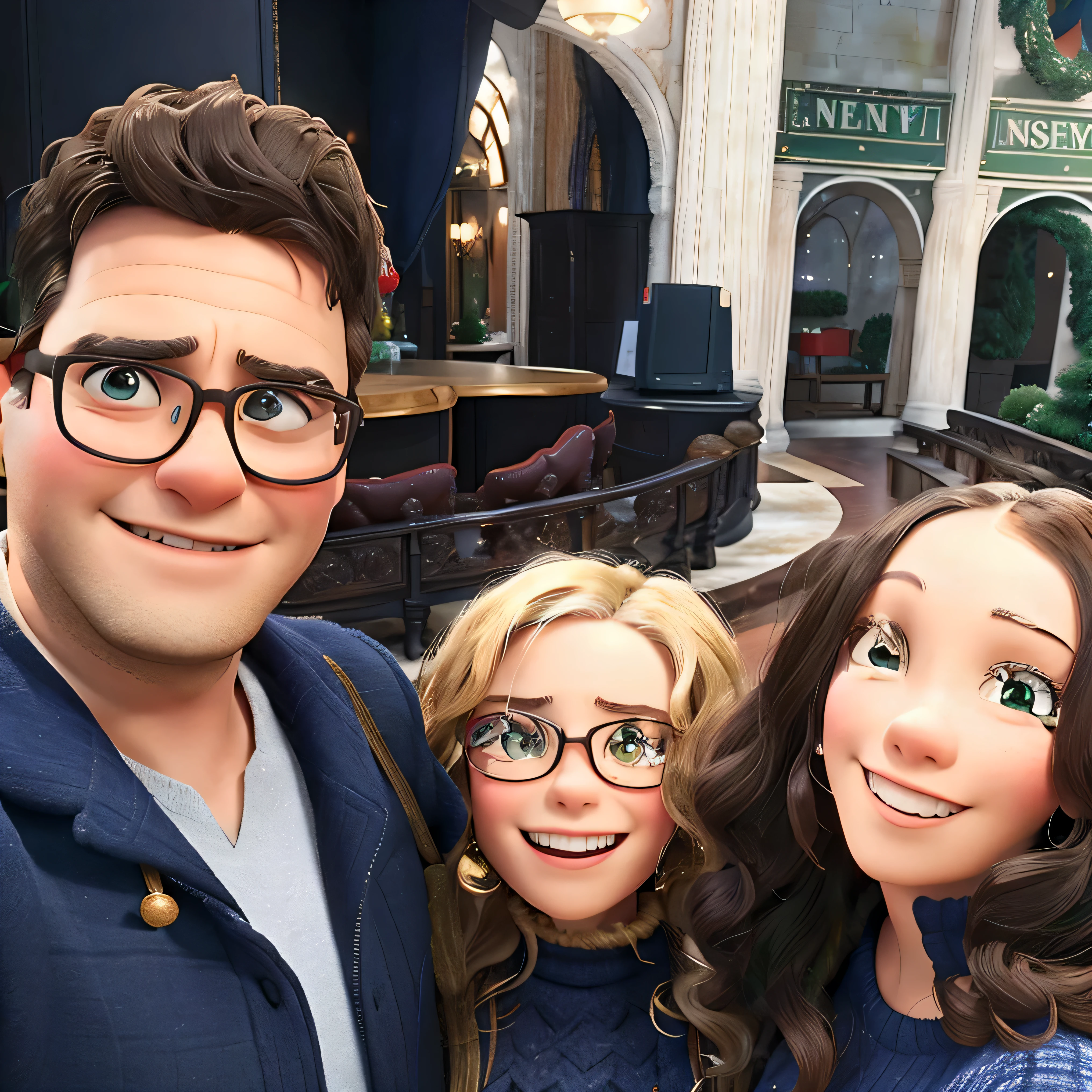 there are three people that are posing for a picture together, in a Christmas atmosphere with a decorated tree in the background. Poster estilo Disney Pixar.