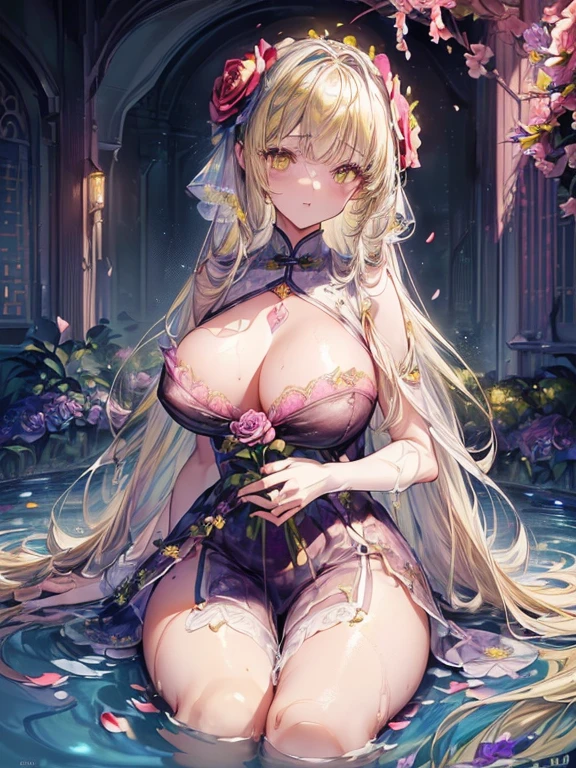 ((Finest quality)),(超A high resolution),(Ultra-detailed細),(Meticulous portrayal),((the most picturesque works of art),Ultra-Precision Art,The art of astounding depiction,Fantasyart:1.5, ((((Beautiful flowers々:1.5))), ((Body eroded by flowers:1.3)),Glamorous body:1.3,fancy background effects、masterpiece、Fancy details、(NSFW 1.1), ((1girl in)), ((masutepiece)), ((Highly detailed:1.3)), In crystal clear water,beautiful woman entering the lake, ((long yellow hair)), Wet hair, Wearing a light transparent dress, clothed bathing, steam, (Rose petals floating in water:1.3), Early morning light, Ivory Gold AI, windows, Crepscular lighting, 、Lace sheer underwear、very very gigantic boobs、Pink nipples、pink areolae,透けて見えるPink nipples、透明なpink areolae、lace and string shorts.、princess carry,Sexy lingerie with lace and strings,See-through sexy lingerie,Transparent lingerie、translucent dress、pearlsescent、pearls、Sexy Harness、Sexy garter belt、Sexy Stockings、Well equipped,intimate, rose garden、Multicolored roses、lake with floating roses、Lying down、Open legs、Spread your legs、Open thighs、Immersion in water、Wet body、splash water、gorgeous flower decoration、big flowers、stylish hair、Moon, lantern, Night, Solo, playing in the water, Water, hair flower, flower, Outdoors, skyporn, full Moon, Rain, lantern, wet clothes, skyporn, wet hair (((masutepiece),(the Extremely Detailed CG Unity 8K Wallpapers),Best Quality,Cinematic lighting,Detailed background,Beautiful detailed eyes,Bright pupils, (extremely delicate and beautiful),(Beautiful and detailed eyes description), Ultra-detailed,masutepiece,)),((Yellow eyes))、