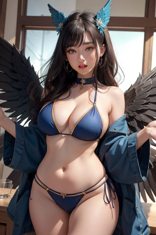 ((best quality)), ((masterpiece)), (detailed), perfect face, opening mouth
An cute and shy angel girl with thick thighs, in a fantasy bikini with wings
