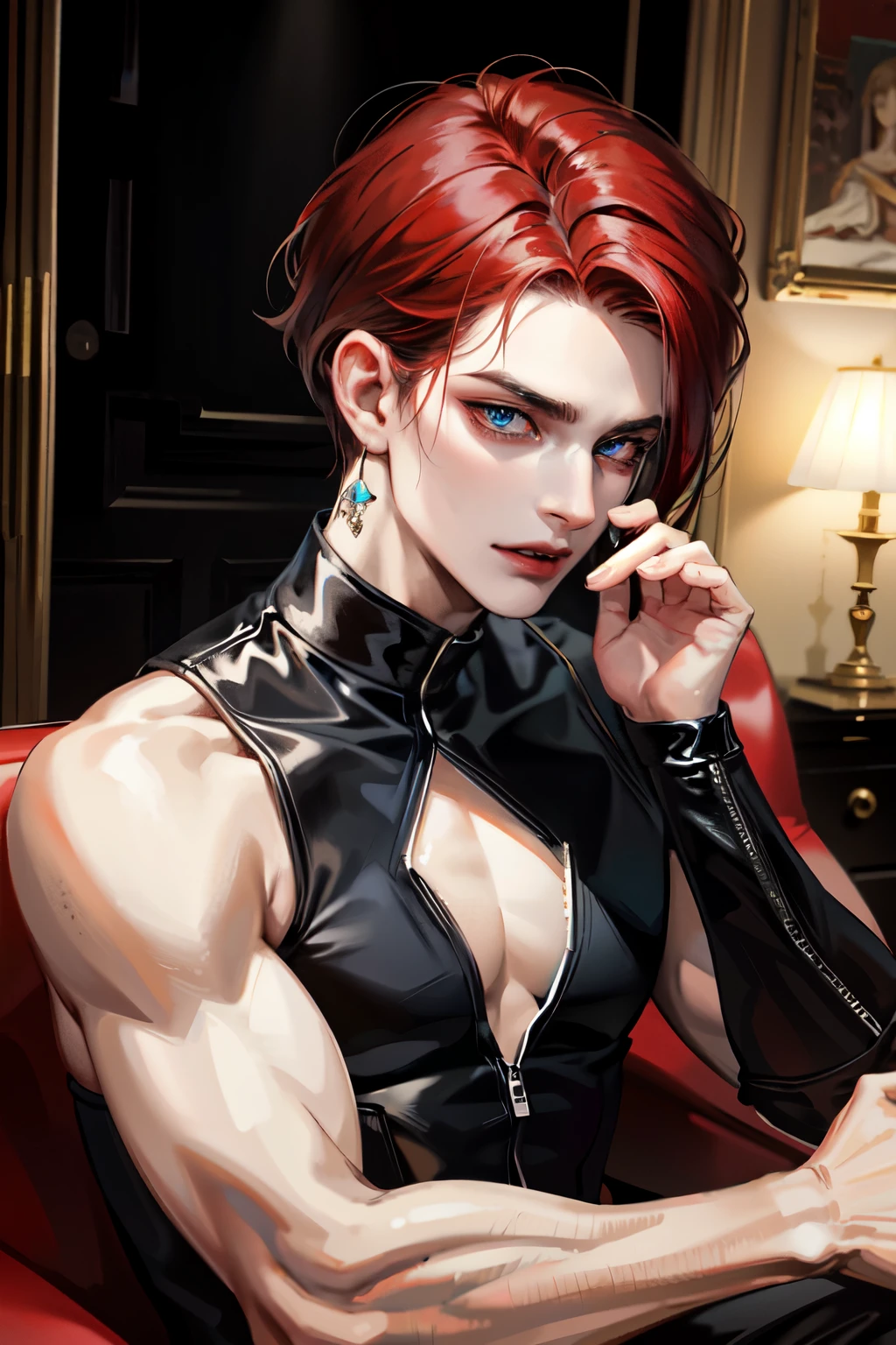 masterpiece, dark ambience, 1man:2, vampire, masculine, naked:2, wide face, angular jaw, attractive, masculine, beefcake, red hair:1.3, detailed eyes, beautiful eyes, upper body, lustrous skin, pale skintone, handsome, blue eyes, old castle, intricate, gold interior, earrings, jewelry, high quality
