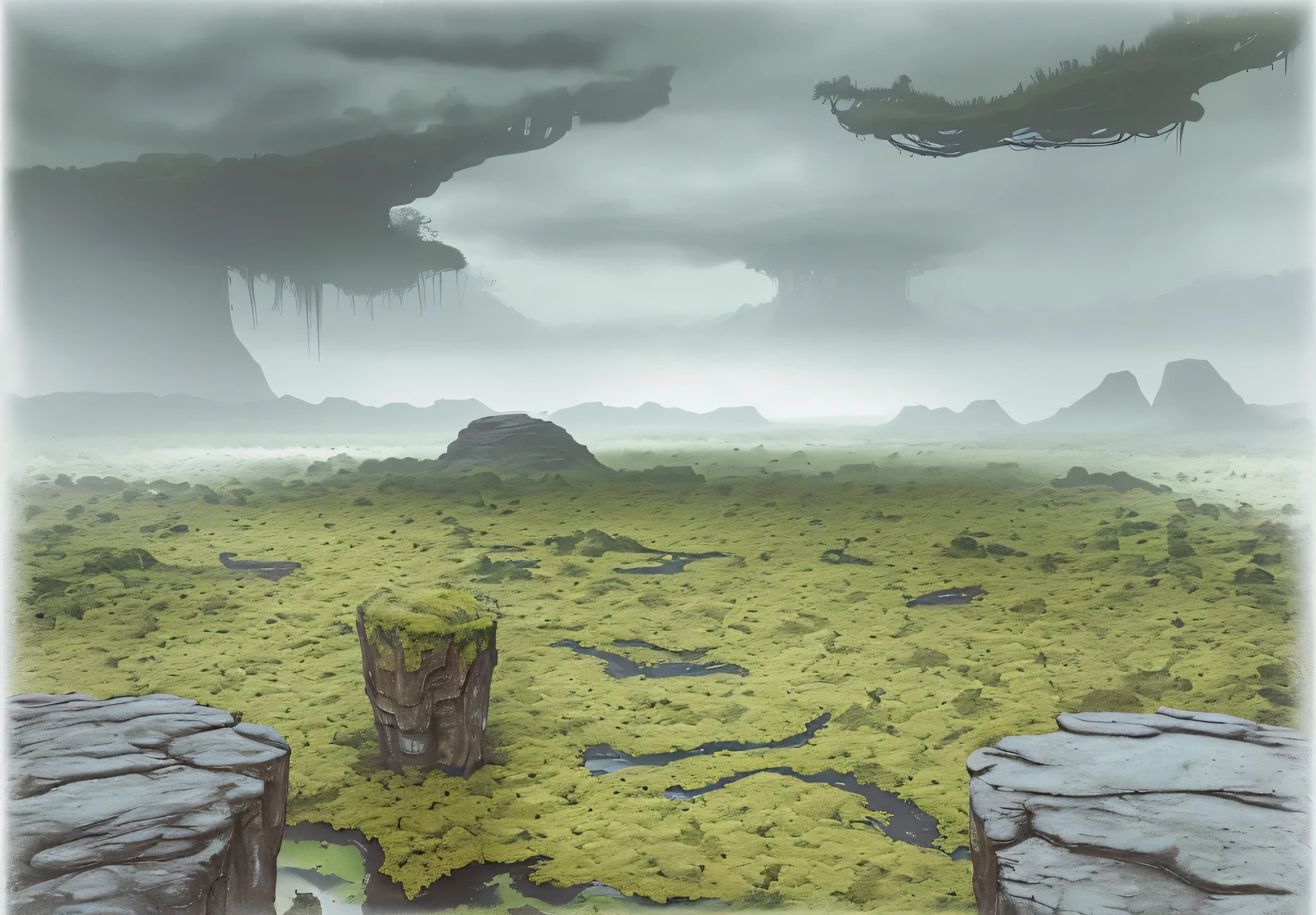 Realistic quality, a distant, landscape view of an grim, dark environment of alien planet with (dark slimy jungle swamp) filled with brown sludge. Two rock ledges seen in the foreground. Dark, grim, rainy, cloudy sky.
