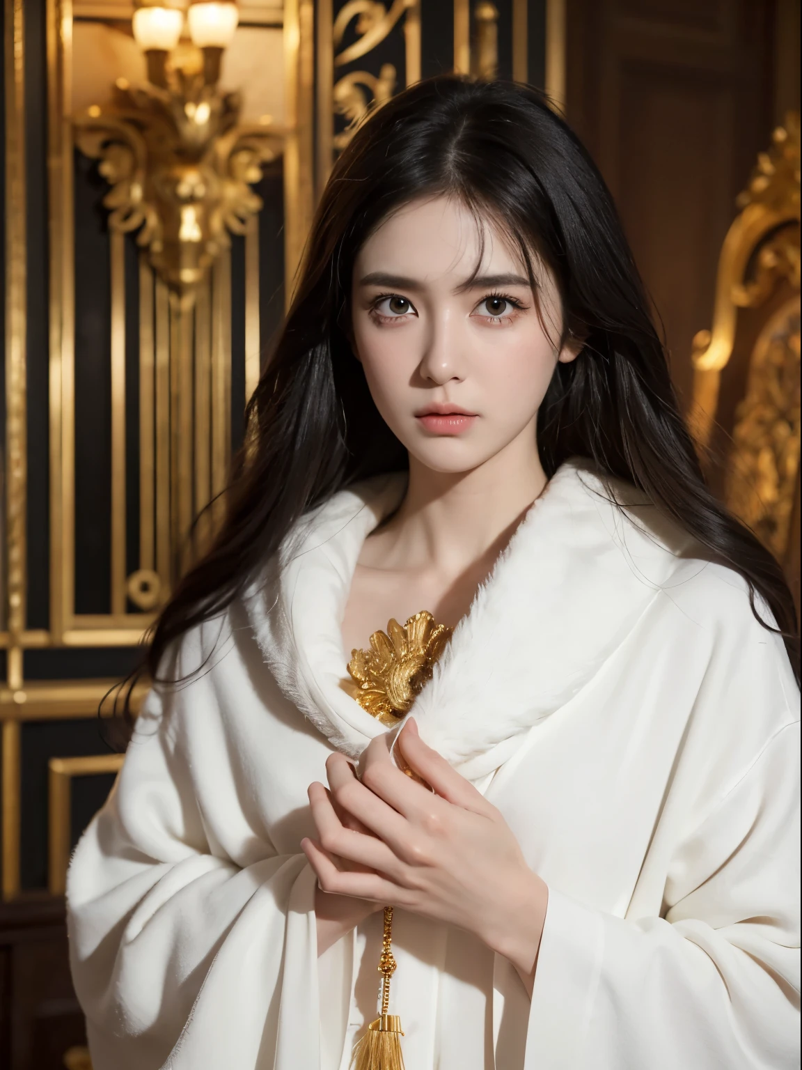 ((Best quality at best)), ((tmasterpiece)), (Detailed pubic hair), s the perfect face,crying girl,black color hair,messy hair,ventania,Golden eyes,white clothes,tears,gold eyes