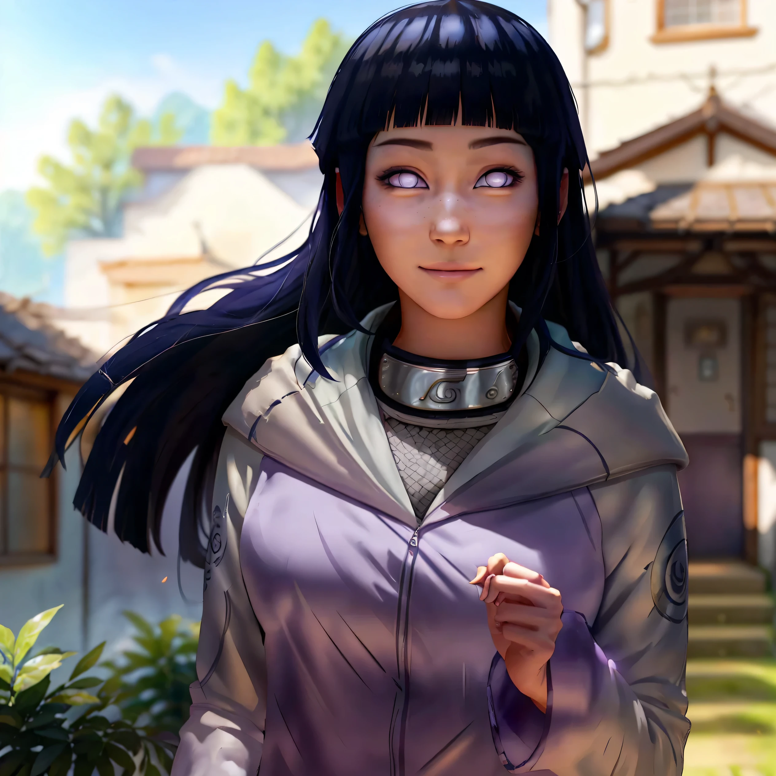 ((best quality)), ((masterpiece)), (detailed), perfect face, photorealistic photo of Hinata Hyuga (( NAruto)), She has light purple eyes and light blue black hair with bangs, she has a gnetle smile on her face and is facing forward looking direclty at the camera, 1 girl (HInata Hyuga)) looking beautiful, has medium sized chest, wearing a purrple jacket with hoot, hoot down, the  metal metal plate with hidden leaf village sign is worn around neck head band, beautiful looking, bright light, light passing through hair, Detailed face, Detailed eyes, Detailed ficure, perfect proportion, purple jacket with hoodie down, has cute look on face, light passing through hair, outdoor environment, princess, beautiful, teenage of , beautiful, ultra high res, UHD, 4K, 1 girl.