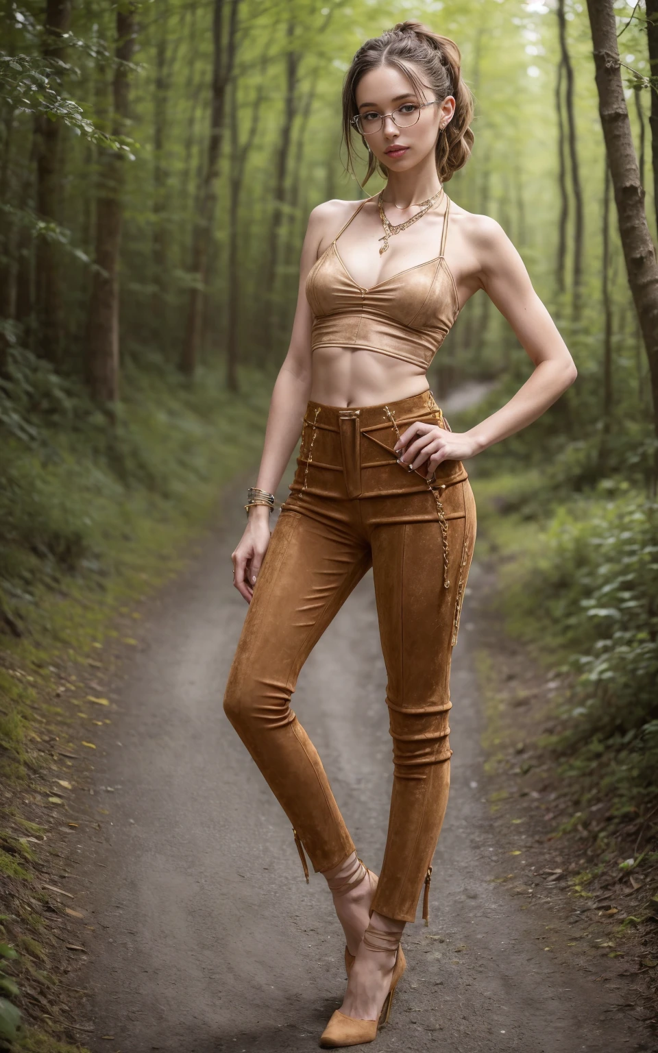 (8K, Masterpiece, RAW photo, Best quality, detail:1.3), (ultra realistic Natural background, scenary:1.5), Depth of field, Cinematic light, (ultra realistic face), (1 picture of 1 solo girl Airim Jones:1.6), 1girl, (Beautiful and elegant Russian girl), (skinny girl with glasses), (European face:1.3), (perfect complete full body:1.5), (small necklace, collarbone:1.1), ( [braids|bangs|ponytail|pigtails|bob|pixie] hair:1.5), (ultra detailed skin:1.4), (sexy outfit:1.6),, (Faux Suede Pants:1.55), (perfect standing pose:1.5), (perfect long legs:1.4)