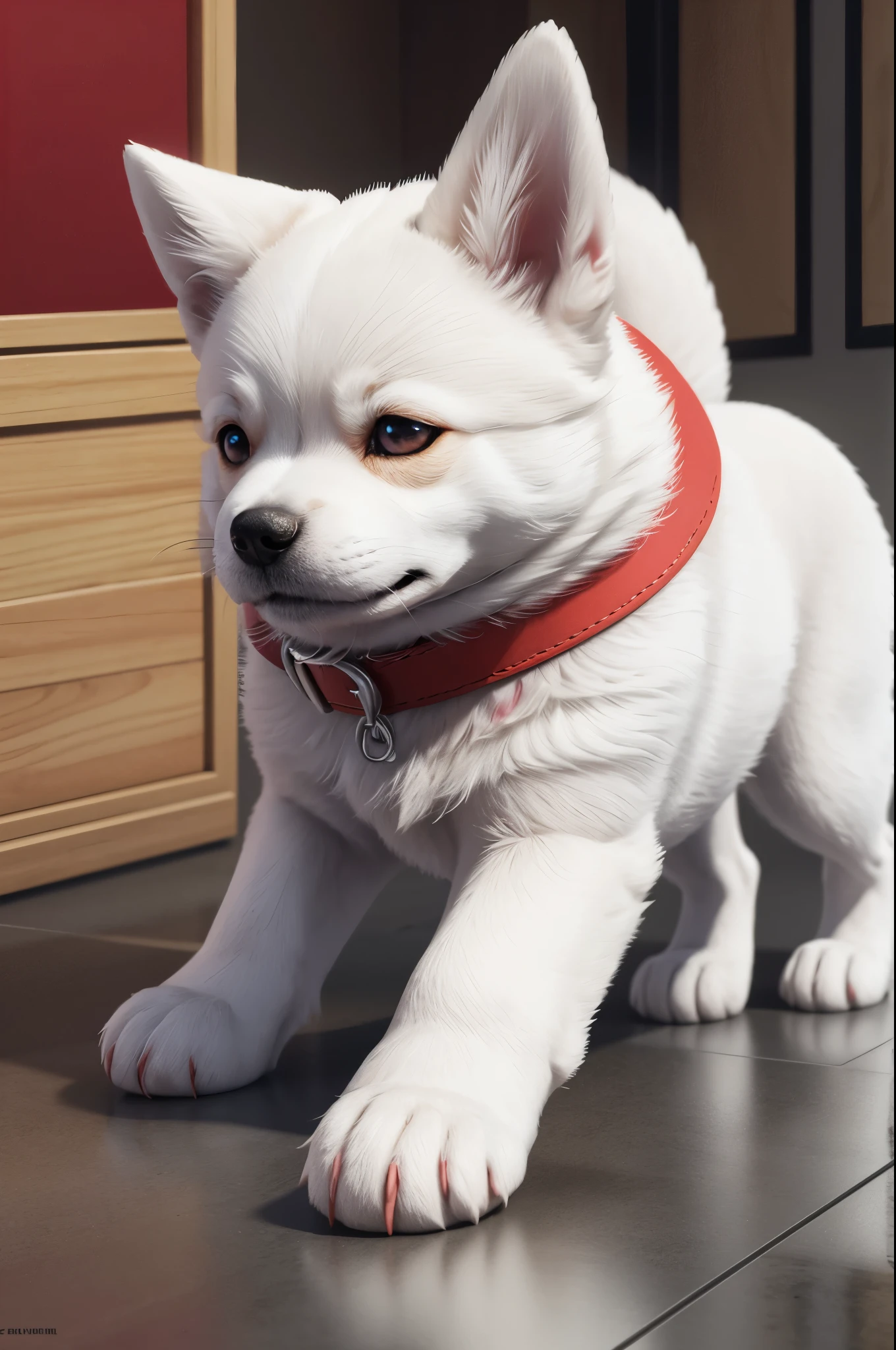 8K,I have a small white puppy with a red collar., cute 3d render, anthropomorphic shiba inu, rendered in redshift, semi - realistic render, maxwell render, super detailed render, highly detailed render, render naughty dog, hyper realistic detailed rendering, fully detailed render, Adorable Digital Painting, hyper real render, hyper realistic rendering,pure white puppy,