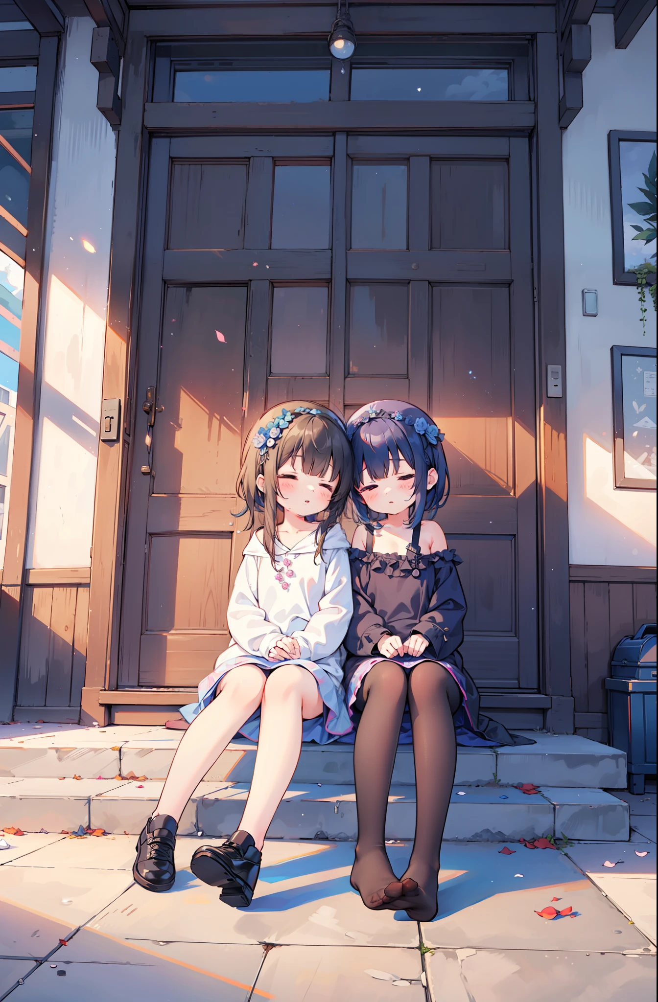 2girls, side by side, one girl leaning to the other girl's shoulder, napping, loli, looking up, sitting on floor, porch