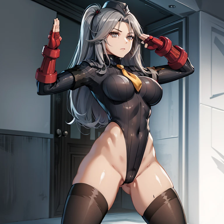 ultra-detailed, Explicit, Beautiful body, Beautiful Nose, Beautiful character design, perfect eyes, perfect face, ultra highres, 4K, beautiful legs, perfect legs, Nice hands, Perfect hand, Masterpiece, Best Quality, Highly detailed, illustration, absurdres, street fighter, doll suit, shadaloo doll, dollsuit, expressionless, blank eyes, looking at viewer, red gloves, emotionless, black latex, corrution, mind control, female combatant, full body, hypnotized, unhappy trance, full body suit, ribbed bodysuit, both arms at side, obey, perfect female body, extremely glossy latex, hypnosis, hypnoLora, empty eyes, Mind control device, poses, submissive_pose, Slave, hat, necktie, stand up straight, standing, standing at attention, hat, necktie, belt, latex, ribbed bodysuit, thighhighs, garter belt, Fighting Stance, extending the right arm from the shoulder into the air with a straightened hand, nazi saluting, military, military saluting, salute, thigh boots, 1girl, solo, Girls' Frontline, Gray, multires noise version, claw, grey hair, grey eyes, long hair