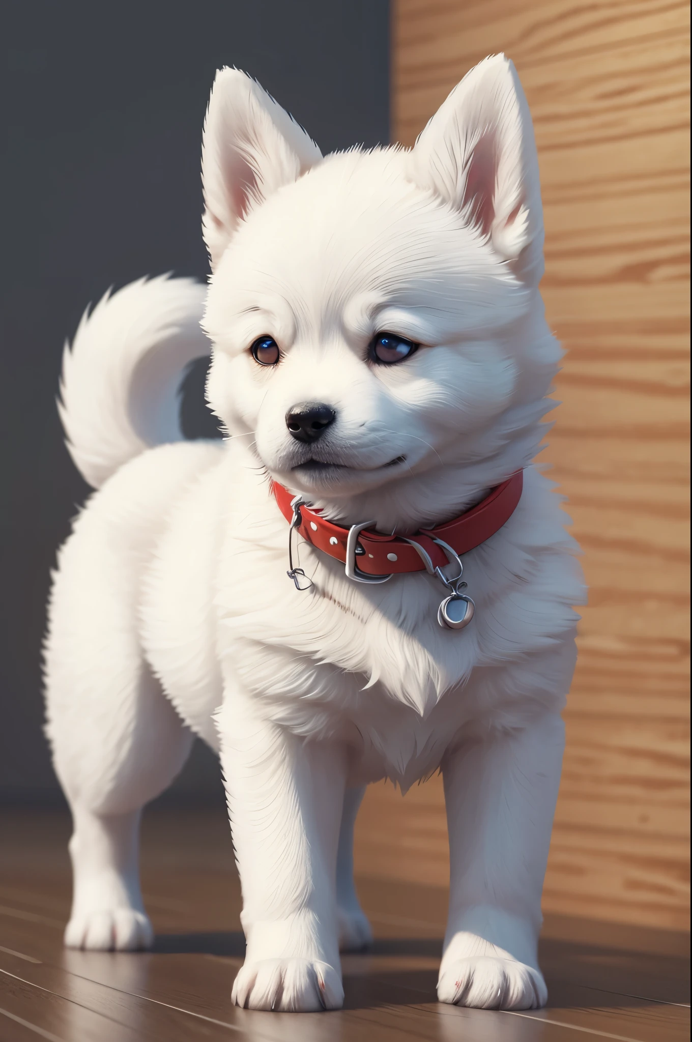 8K,I have a small white puppy with a red collar., cute 3d render, anthropomorphic shiba inu, rendered in redshift, semi - realistic render, maxwell render, super detailed render, highly detailed render, render naughty dog, hyper realistic detailed rendering, fully detailed render, Adorable Digital Painting, hyper real render, hyper realistic rendering,pure white puppy,