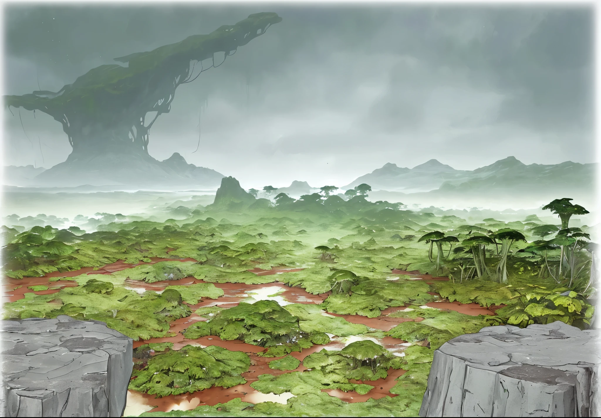 Realistic quality, a distant, landscape view of an grim, dark environment of alien planet with (dark slimy jungle swamp) filled with brown sludge. Two rock ledges seen in the foreground. Dark, grim, rainy, cloudy sky.