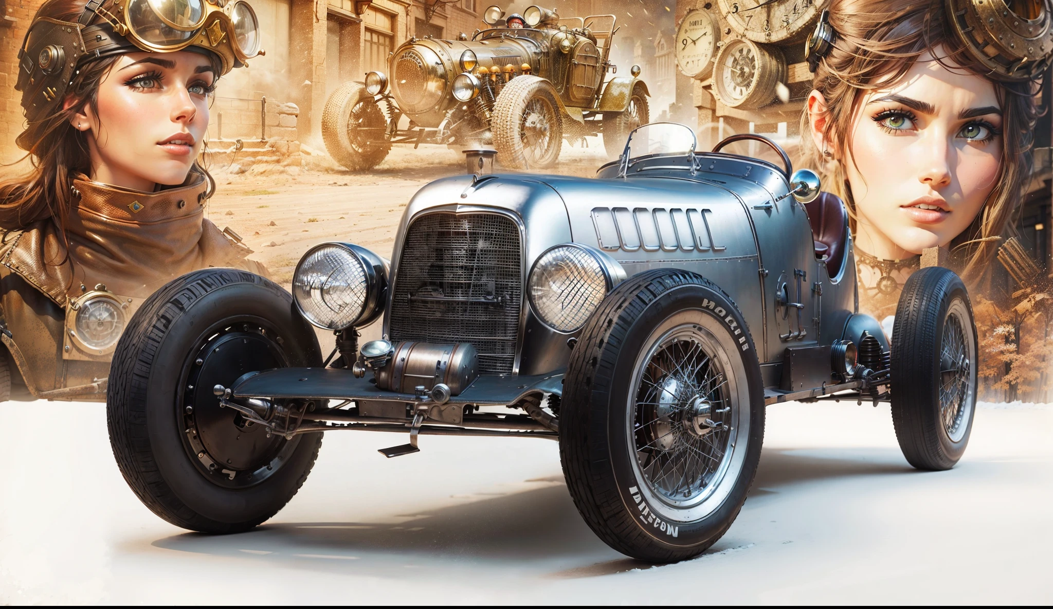 Vintage steampunk racing car parked in the foreground with two beautiful female racers with racing helmet and goggles and steampunk racing clothes, in the background vintage racing car in front of steampunk buildings