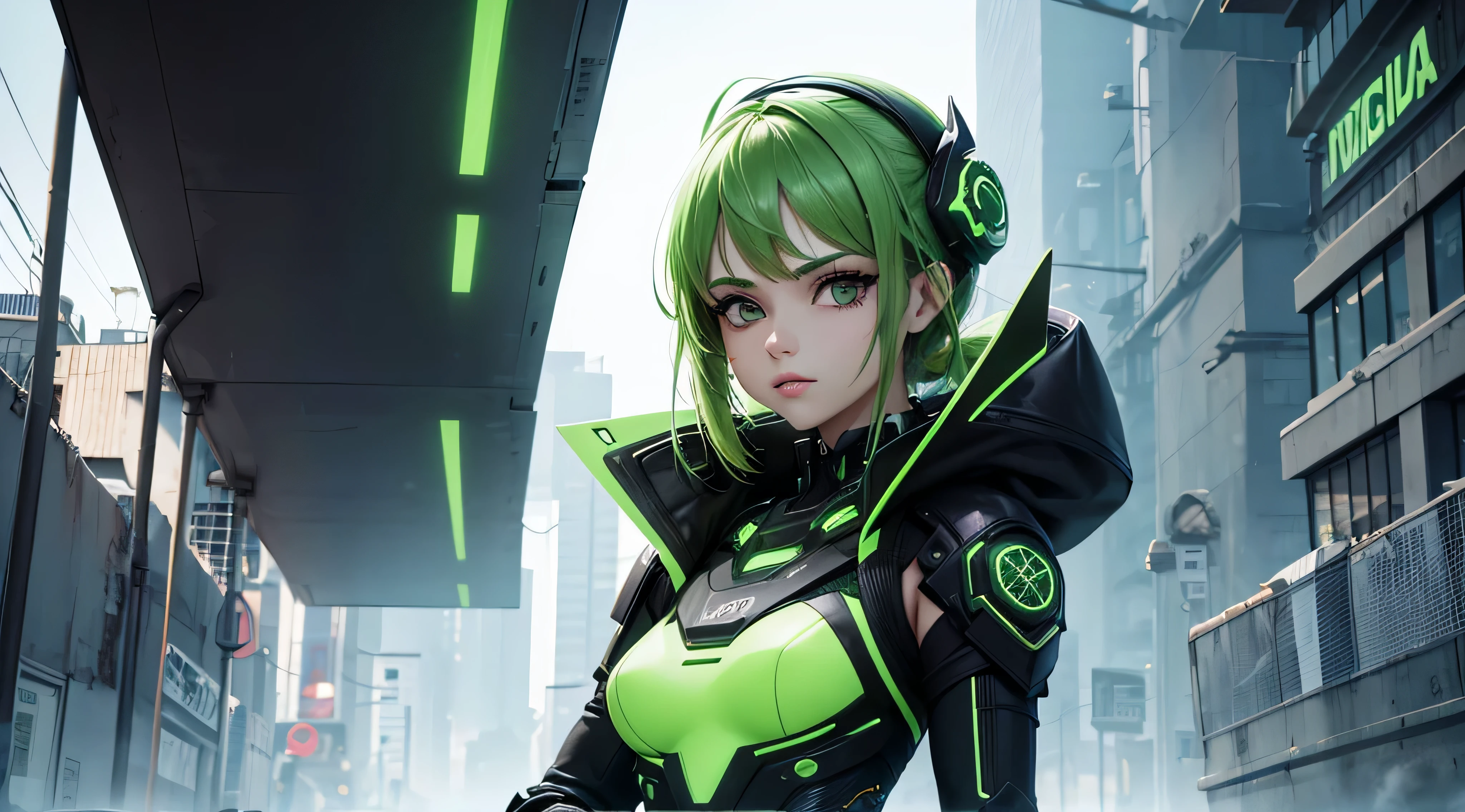 mujer hermosa , ojos verdes , estililo cyber punk en la ciudad