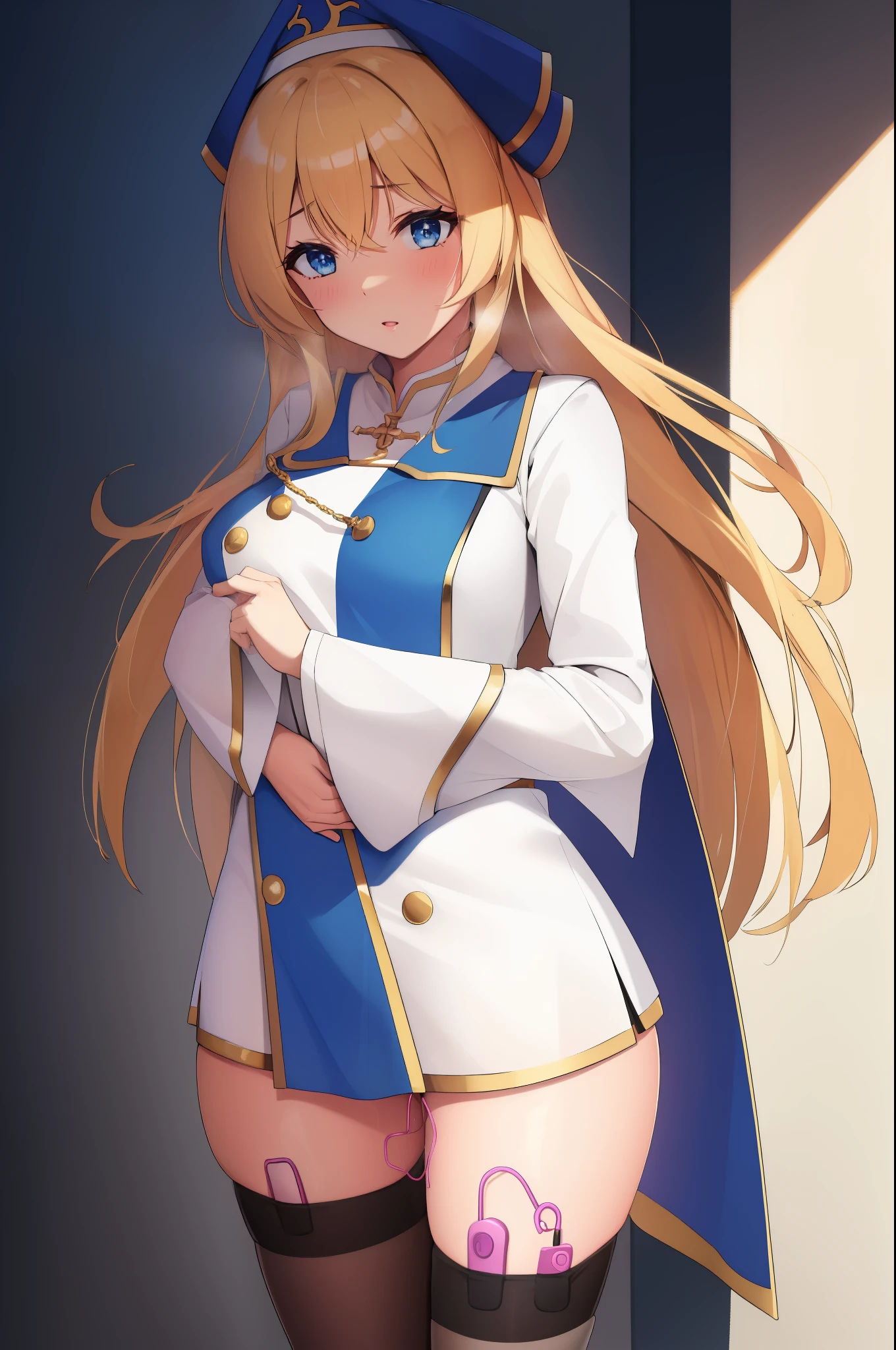 priestess, blonde hair, blue eyes, long hair, hair between eyes,((vibrator in thighhighs thighvibe))