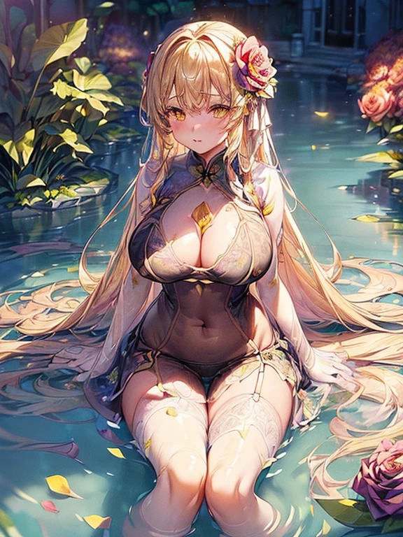 ((Finest quality)),(超A high resolution),(Ultra-detailed細),(Meticulous portrayal),((the most picturesque works of art),Ultra-Precision Art,The art of astounding depiction,Fantasyart:1.5, ((((Beautiful flowers々:1.5))), ((Body eroded by flowers:1.3)),Glamorous body:1.3,fancy background effects、masterpiece、Fancy details、(NSFW 1.1), ((1girl in)), ((masutepiece)), ((Highly detailed:1.3)), In crystal clear water,beautiful woman entering the lake, ((long yellow hair)), Wet hair, Wearing a light transparent dress, clothed bathing, steam, (Rose petals floating in water:1.3), Early morning light, Ivory Gold AI, windows, Crepscular lighting, 、Lace sheer underwear、very very gigantic boobs、Pink nipples、pink areolae,透けて見えるPink nipples、透明なpink areolae、lace and string shorts.、princess carry,Sexy lingerie with lace and strings,See-through sexy lingerie,Transparent lingerie、translucent dress、pearlsescent、pearls、Sexy Harness、Sexy garter belt、Sexy Stockings、Well equipped,intimate, rose garden、Multicolored roses、lake with floating roses、Lying down、Open legs、Spread your legs、Open thighs、Immersion in water、Wet body、splash water、gorgeous flower decoration、big flowers、stylish hair、Moon, lantern, Night, Solo, playing in the water, Water, hair flower, flower, Outdoors, skyporn, full Moon, Rain, lantern, wet clothes, skyporn, wet hair (((masutepiece),(the Extremely Detailed CG Unity 8K Wallpapers),Best Quality,Cinematic lighting,Detailed background,Beautiful detailed eyes,Bright pupils, (extremely delicate and beautiful),(Beautiful and detailed eyes description), Ultra-detailed,masutepiece,)),((Yellow eyes))、