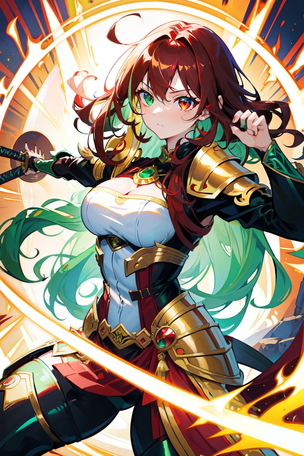 (masterpiece), best quality, expressive eyes, perfect face, thicc fox girl, medium wavy curly dark red hair with streaks of green hair, eye heterochromia, red eye, golden eye, dressed in shiny dragon scale armor, holding titanium magic katana, full body, fighting pose, in anime style by the hand of shinichirou otsuka