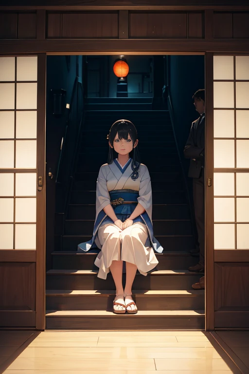 There is a woman sitting next to a man on the stairs, Great scenes from the movie, cinematic Film still from, 获奖cinematic Film still from, Still from a live action movie, Scenes from live-action movies, A cinematic scene, Still in the movie, japanese horror movie footage, Opening scene, Still in the movie, ! Cinematic scenes
