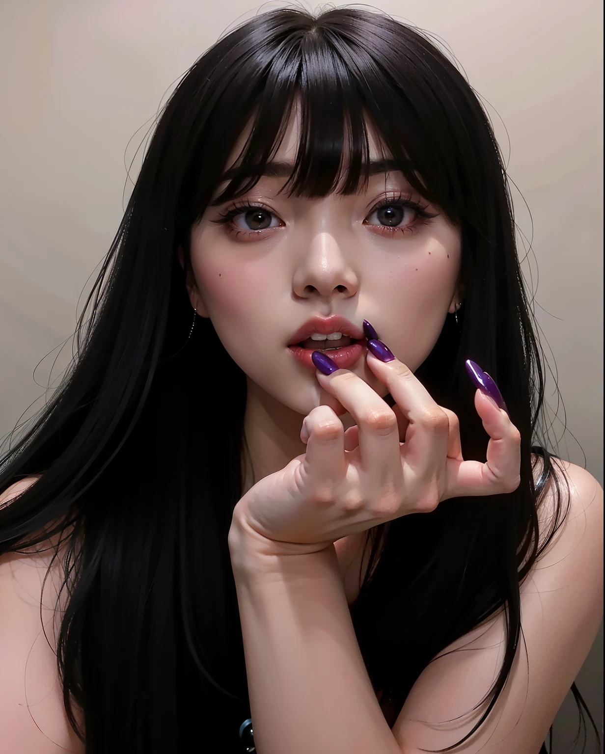 Araffe Asian woman with long black hair and pink makeup, cruel korean goth girl, ulzzang, goth girl aesthetic, garras largas, pale goth beauty, Estilo de Junji Ito, gothic aesthetic, with index finger, con los dedos, nails long, vibraciones de anime, kanliu666, 👅 👅, El Corte Hime, Jinyoung Shin, painted toenails