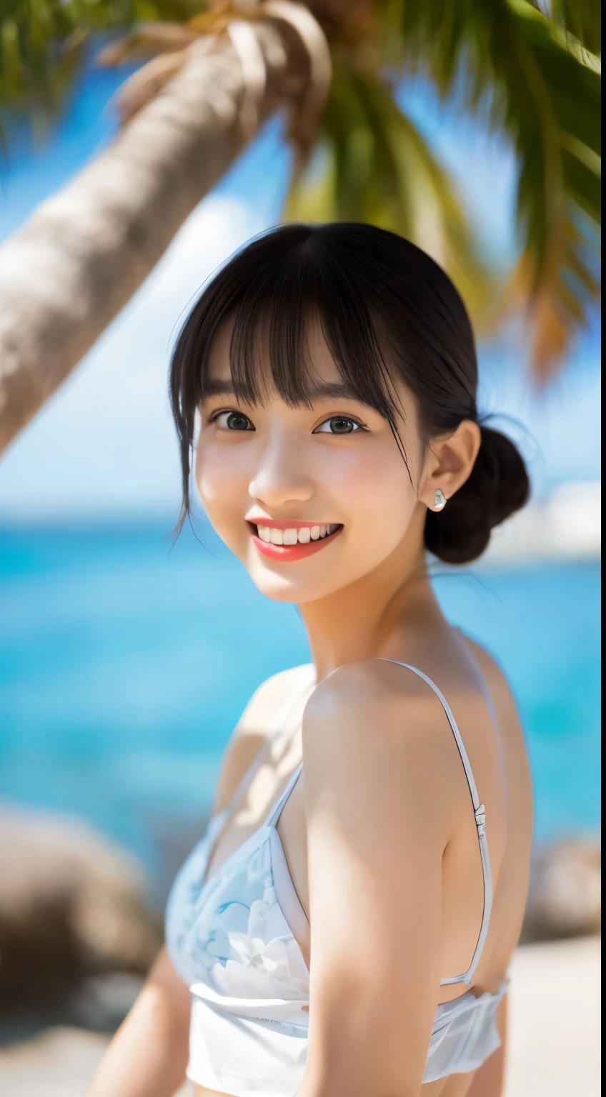 highest quality、8k wallpaper、Reality:1.4、Photographed in natural light、View your viewers、background:Tropical Beach、1 beautiful girl、Japanese Idol、23 years old、Beautifully detailed eyes、Detailed face、Beautiful Skin、Slender、Slim waist、Long, slender legs、Lip balm、Blonde: 1.8、The sun is shining on your hair、Bun Hair:1.4、Asymmetrical bangs、Brightly colored bikini 、smile:1.8、I can see your chest、With big earrings、Big flower in hair、Seductive pose