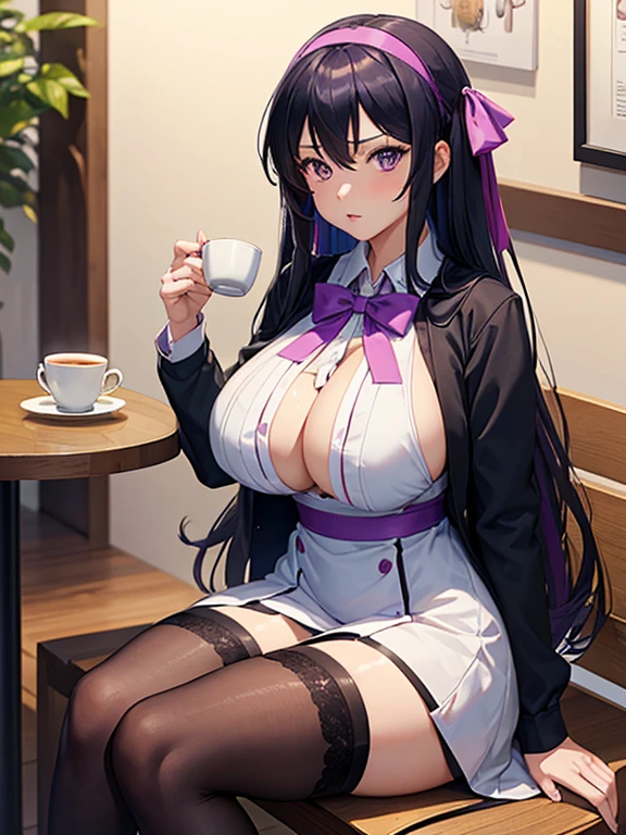 anime (Hundred), lady , sexy (very big boobs), actress (Karen Kisaragi), black long hair to hip / past hip length , purple eyes, hairband, hair ribbons, ribbon, stockings, gradient hair, General school uniform , She is sitting and drinking tea at a coffee shop.