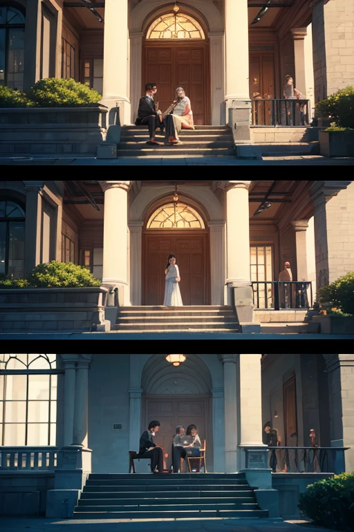 Two people sitting on the steps of a set of stairs, screenshots from movies, Great scenes from the movie, cinematic Film still from, Still in the movie, 宽幅cinematic Film still from, Still from a live action movie, Opening scene, movie frame still, Still in the movie, 获奖cinematic Film still from, screenshots from movies, The movie is still very tiring