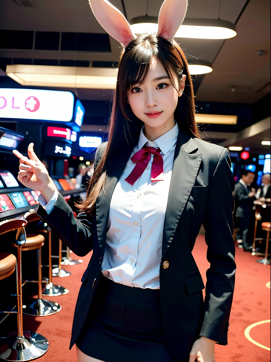 (Best-quality, Masterpiece, Ultra-High-Resolution, (Photorealistic:1.4), Raw Photo, depth of field, professional lighting, perfect anatomy, extremely details), 1girl, 15-years-old, the most famous Japanese idol, ((extremely cute face like the most popular Japanese idol, ((extremely cute and extremely big eyes)), extremely beautiful hair, extremely beautiful skins), extremely cute long-eyelashes, extremely cute lips),
(standing on Japanese bar),
((wearing black-formal-business-suit)),
(((took copious amounts of illegal-drugs)))