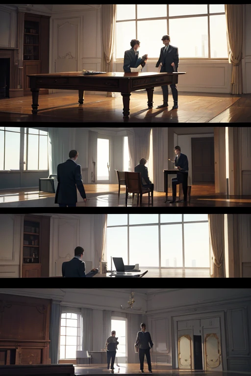Two men standing in a room with chairs and table, Scenes from live-action movies, Still from a live action movie, cinematic Film still from, Still in the movie, Still in the movie, Still in the movie, screenshots from movies, Still in the movie, Great scenes from the movie, A cinematic scene, filmed in movies