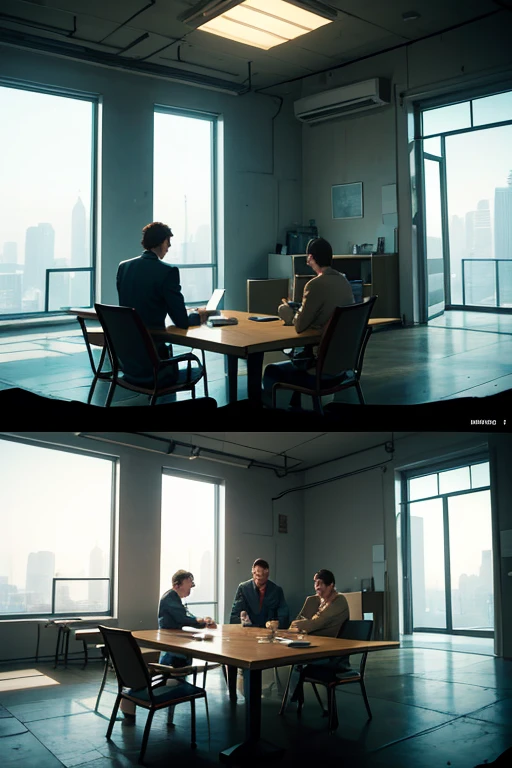 Two men standing in a room with chairs and table, Scenes from live-action movies, Still from a live action movie, cinematic Film still from, Still in the movie, Still in the movie, Still in the movie, screenshots from movies, Still in the movie, Great scenes from the movie, A cinematic scene, filmed in movies