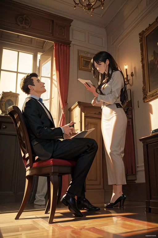 (best quality,4k,8k,highres,masterpiece:1.2),ultra-detailed,(realistic,photorealistic,photo-realistic:1.37),two men standing in a room with chairs and a table, live-action movie scene, still from a live-action movie, movie still, movie still, movie still, movie screenshot, movie still, captivating scene from a movie, movie set, captured in a movie