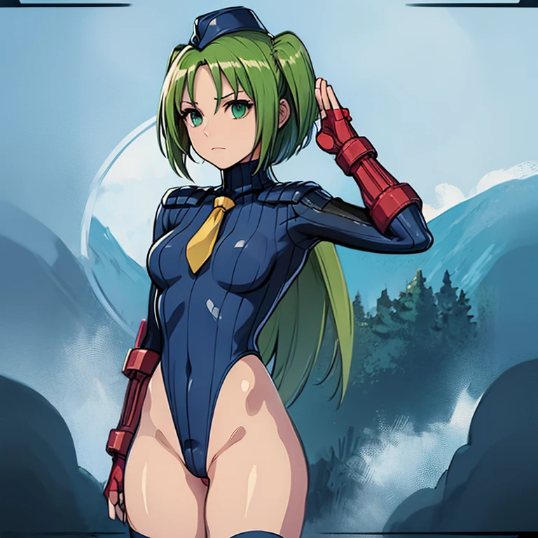 ultra-detailed, Explicit, Beautiful body, Beautiful Nose, Beautiful character design, perfect eyes, perfect face, ultra highres, 4K, beautiful legs, perfect legs, Nice hands, Perfect hand, Masterpiece, Best Quality, Highly detailed, illustration, absurdres, street fighter, doll suit, shadaloo doll, dollsuit, expressionless, blank eyes, looking at viewer, red gloves, emotionless, black latex, corrution, mind control, female combatant, full body, hypnotized, unhappy trance, full body suit, ribbed bodysuit, both arms at side, obey, perfect female body, extremely glossy latex, hypnosis, hypnoLora, empty eyes, Mind control device, poses, submissive_pose, Slave, hat, necktie, stand up straight, standing, standing at attention, hat, necktie, belt, latex, ribbed bodysuit, thighhighs, garter belt, Fighting Stance, extending the right arm from the shoulder into the air with a straightened hand, nazi saluting, military, military saluting, salute, thigh boots, 1girl, solo, Retasu, Tokyo Mew Mew, green hair, green eyes,