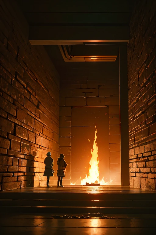 Small fire in dark room with brick wall, in roger deakins style, Photography by Roger Deakins, smelting pit'beeple, stunning cinematography, amazing cinematography, Photography by Roger Deakins, dramatic sci-fi movie still, beautiful cinematography, Dark sci-fi movie scene, Roger Deakins, Stunning emotional cinematography