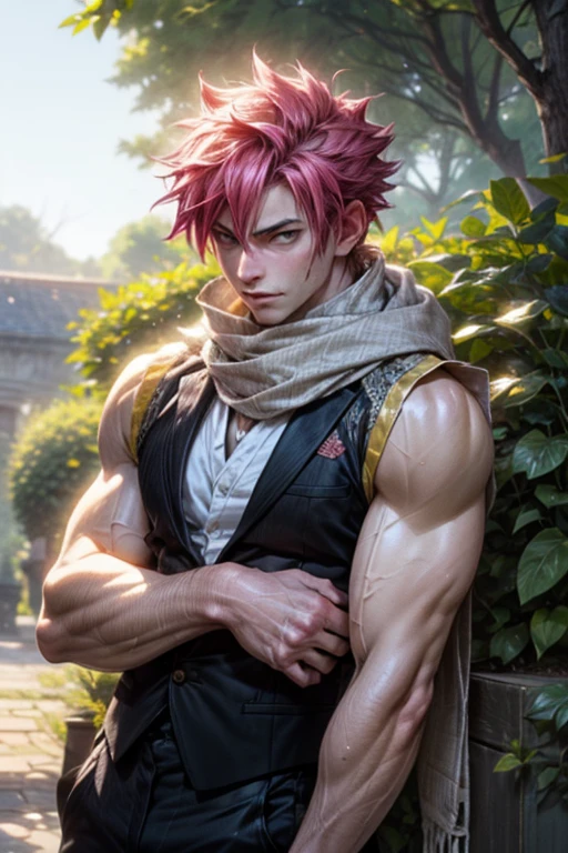 (best quality,highres,ultra-detailed:1.2), A muscular man Natsu Dragneel is standing in a garden (flexing:1.1). He is wearing a (cut sleeve vest:1.2) and (white scarf:1.2) with visible chest and pecare chested:1.2, washboard abs:1.2, V-shape body:1.2). Natsu has extremely detailed facial features with beautiful detailed eyes, beautiful detailed lips, and long eyelashes. The garden surrounding him is filled with vibrant flowers and lush greenery. The garden has a vintage aesthetic inspired by the 1900s, with a touch of Zwxthejx's artistic style. The lighting in the scene is absolutely stunning, with gorgeous natural light illuminating the garden, creating a warm and inviting atmosphere.