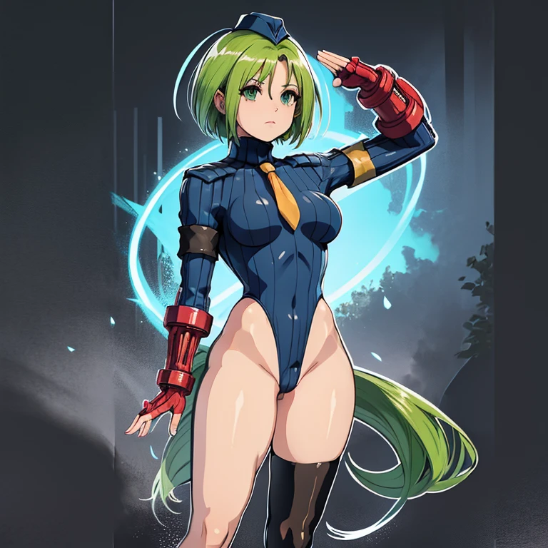 ultra-detailed, Explicit, Beautiful body, Beautiful Nose, Beautiful character design, perfect eyes, perfect face, ultra highres, 4K, beautiful legs, perfect legs, Nice hands, Perfect hand, Masterpiece, Best Quality, Highly detailed, illustration, absurdres, street fighter, doll suit, shadaloo doll, dollsuit, expressionless, blank eyes, looking at viewer, red gloves, emotionless, black latex, corrution, mind control, female combatant, full body, hypnotized, unhappy trance, full body suit, ribbed bodysuit, both arms at side, obey, perfect female body, extremely glossy latex, hypnosis, hypnoLora, empty eyes, Mind control device, poses, submissive_pose, Slave, hat, necktie, stand up straight, standing, standing at attention, hat, necktie, belt, latex, ribbed bodysuit, thighhighs, garter belt, Fighting Stance, extending the right arm from the shoulder into the air with a straightened hand, nazi saluting, military, military saluting, salute, thigh boots, 1girl, solo, Retasu, Tokyo Mew Mew, green hair, green eyes