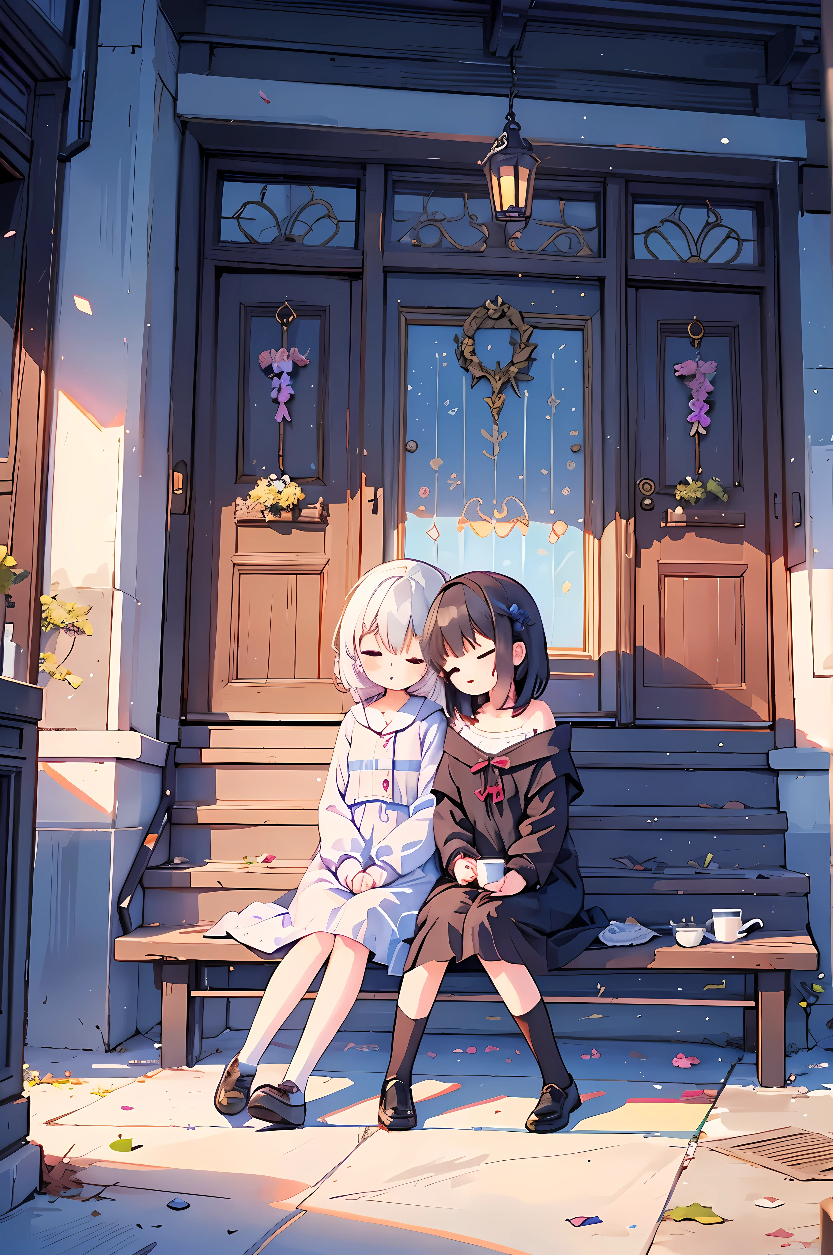 2girls, side by side, one girl leaning to the other girl's shoulder, napping, , looking up, sitting on floor, porch