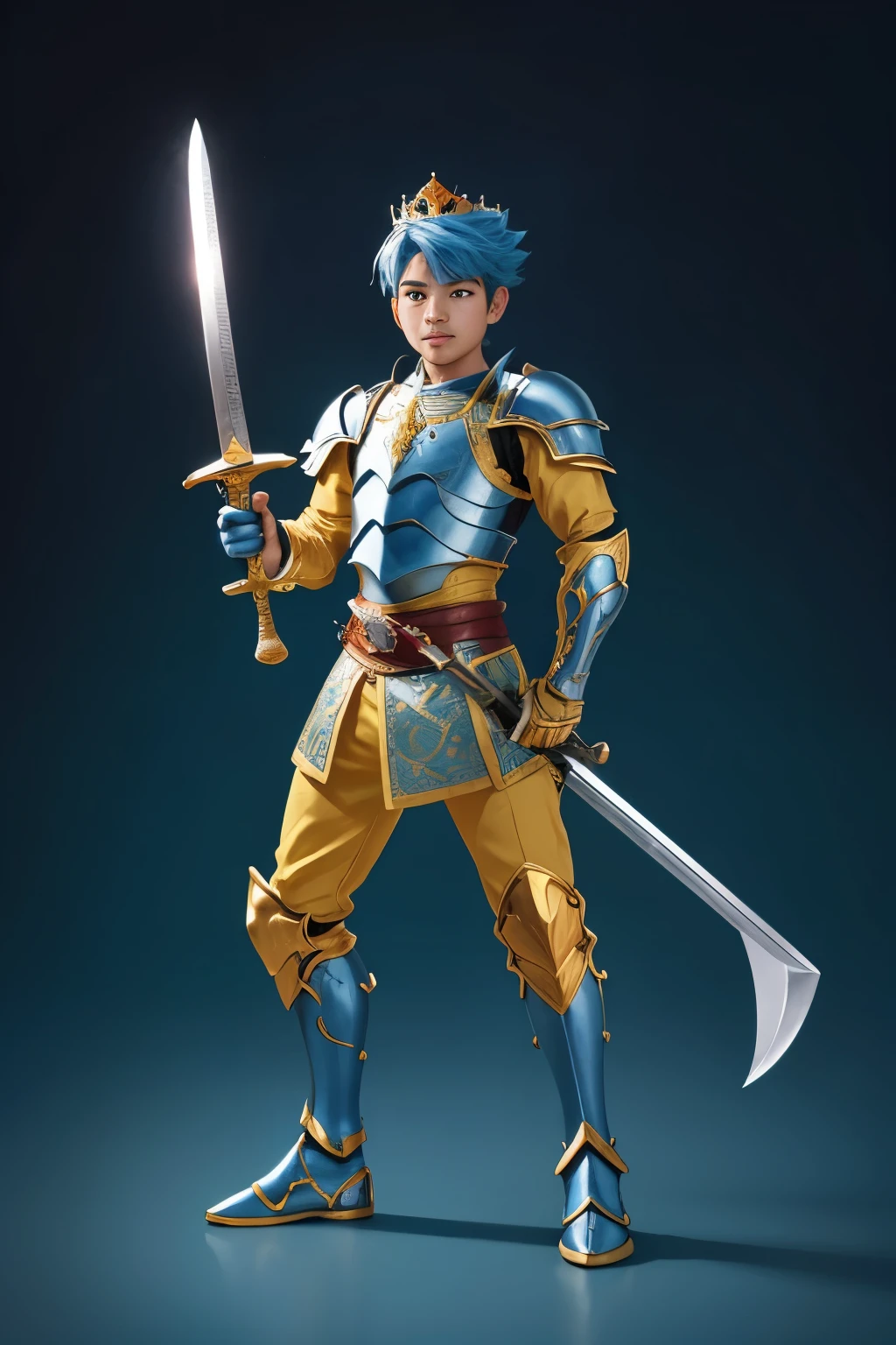 a cute vibrant king with a sword in a detailed armor, in pixar artstyle, adorable, cute, side view, full body, full shot, long wide shot, vibrant