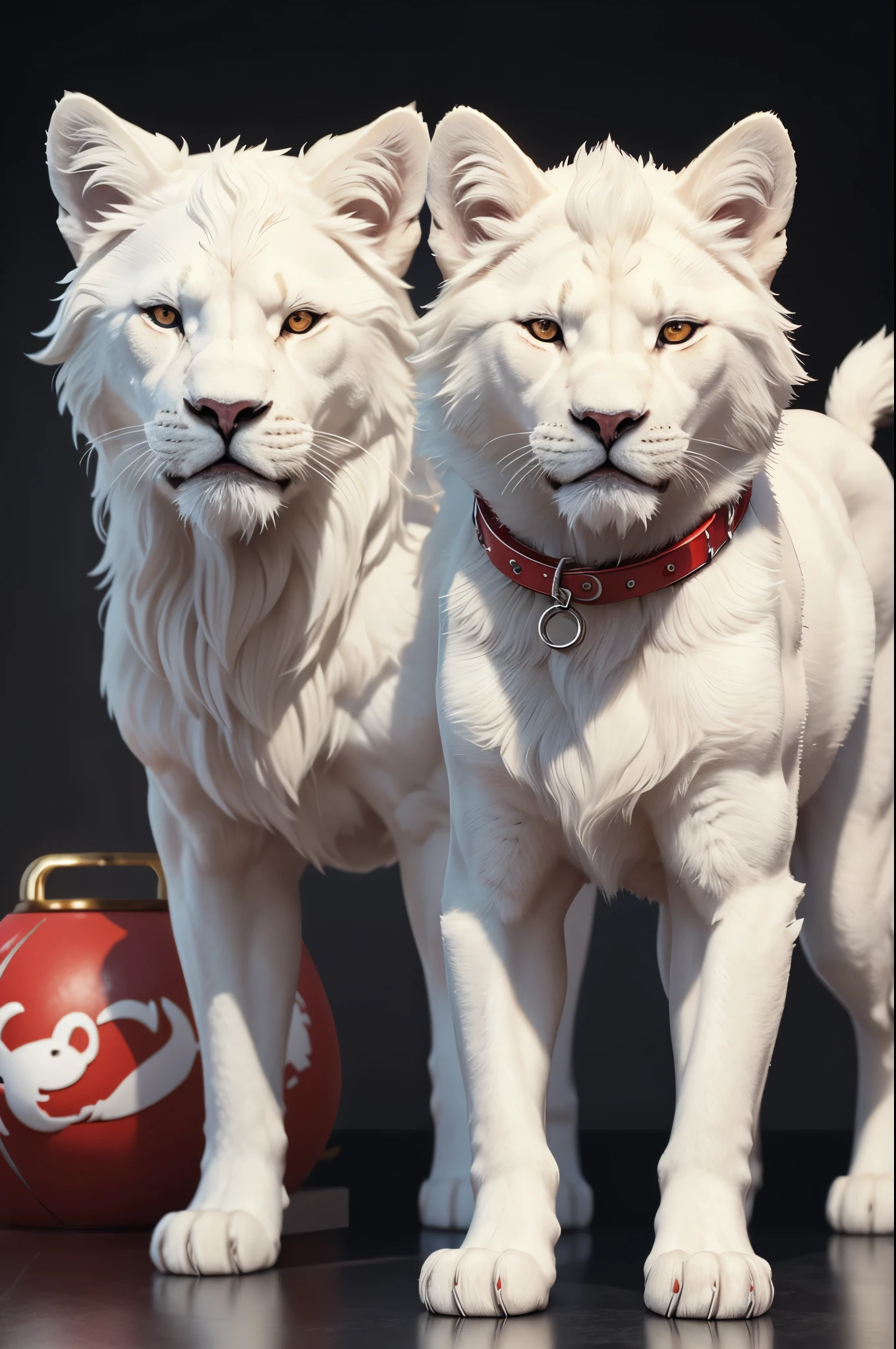 8K,There is a small white lion with a red collar., cute 3d render, anthropomorphic shiba inu, rendered in redshift, semi - realistic render, maxwell render, super detailed render, highly detailed render, render naughty dog, hyper realistic detailed rendering, fully detailed render, Adorable Digital Painting, hyper real render, hyper realistic rendering,pure white puppy,pure white lion cub,