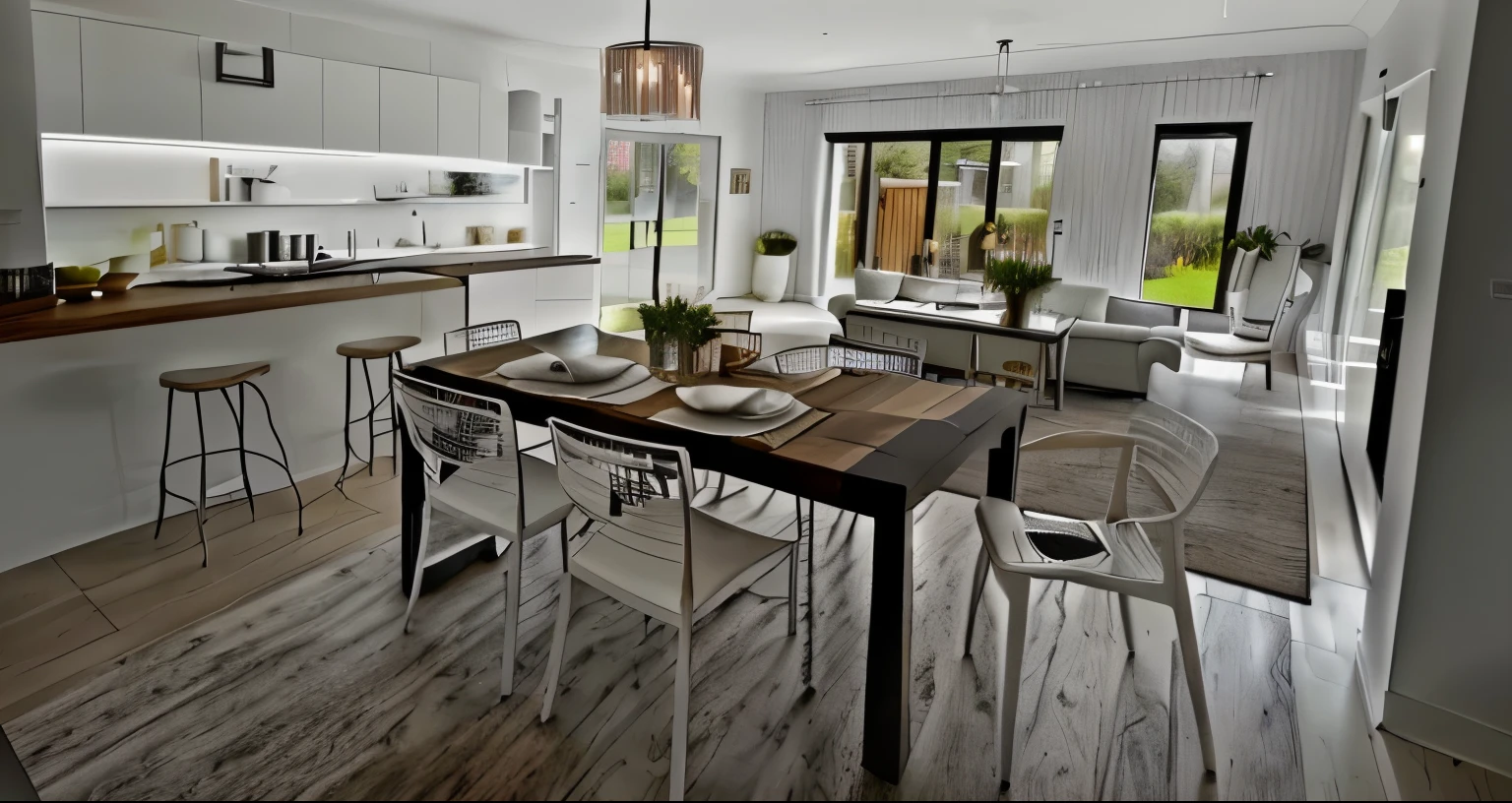 house kitchen, and living room, cozy style, with a table ready to serve, white kitchen with wooden countertop , and balcolny view with sliding doors