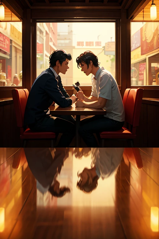 Two men sitting at a table in a restaurant, screenshots from movies, Great scenes from the movie, A cinematic scene, Still in the movie, Wong Kar-wai style, Still in the movie, cinematic Film still from, Scenes from live-action movies, Still from a live action movie, Still in the movie一个镜头, filmed in movies