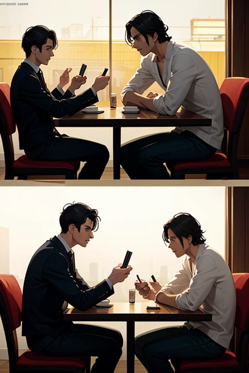 Two men sitting at a table in a restaurant, screenshots from movies, Great scenes from the movie, A cinematic scene, Still in the movie, Wong Kar-wai style, Still in the movie, cinematic Film still from, Scenes from live-action movies, Still from a live action movie, Still in the movie一个镜头, filmed in movies