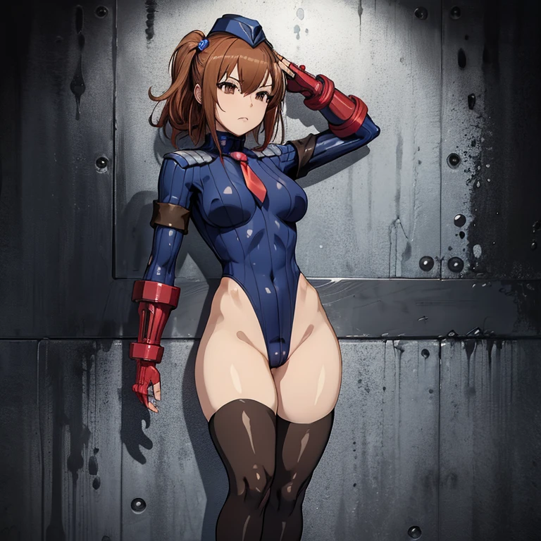 ultra-detailed, Explicit, Beautiful body, Beautiful Nose, Beautiful character design, perfect eyes, perfect face, ultra highres, 4K, beautiful legs, perfect legs, Nice hands, Perfect hand, Masterpiece, Best Quality, Highly detailed, illustration, absurdres, street fighter, doll suit, shadaloo doll, dollsuit, expressionless, blank eyes, looking at viewer, red gloves, emotionless, black latex, corrution, mind control, female combatant, full body, hypnotized, unhappy trance, full body suit, ribbed bodysuit, both arms at side, obey, perfect female body, extremely glossy latex, hypnosis, hypnoLora, empty eyes, Mind control device, poses, submissive_pose, Slave, hat, necktie, stand up straight, standing, standing at attention, hat, necktie, belt, latex, ribbed bodysuit, thighhighs, garter belt, Fighting Stance, extending the right arm from the shoulder into the air with a straightened hand, nazi saluting, military, military saluting, salute, thigh boots, 1girl, solo, Takanashi Sora, Papa no Iukoto wo Kikinasai!, brown hair, brown eyes, medium hair