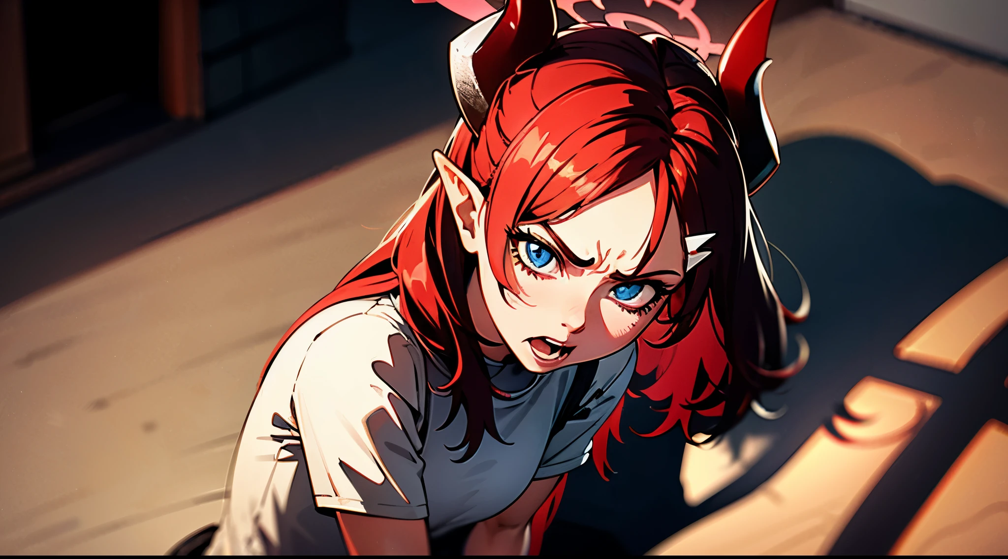 1girl, hyperrealistic,vibrant,  best quality,very smooth quality ,  very sharp quality,  semi-realism ,   ,masterpiece  megu ba ,red hair, blue eyes, long hair, hairclip,pointy ears, demon horns , halo, detailed, complex details , better shadows ,angry , shirt pull , frustrated ,