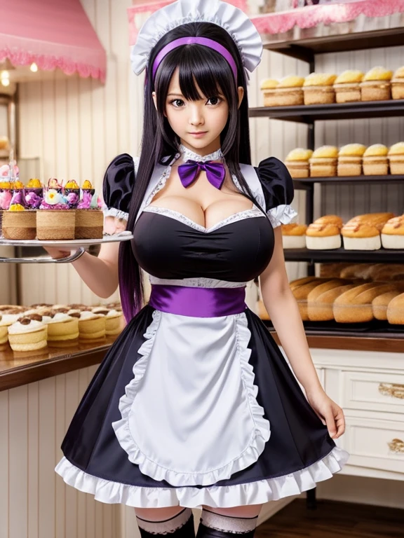 anime (Hundred),  lady , sexyery big boobs),ess (Karen Kisaragi), black long hair to hip / past hip length , purple eyes, hairband, hair ribbons, ribbon, stockings, gradient hair, Maid outfit , She is serving cake at the bakery.