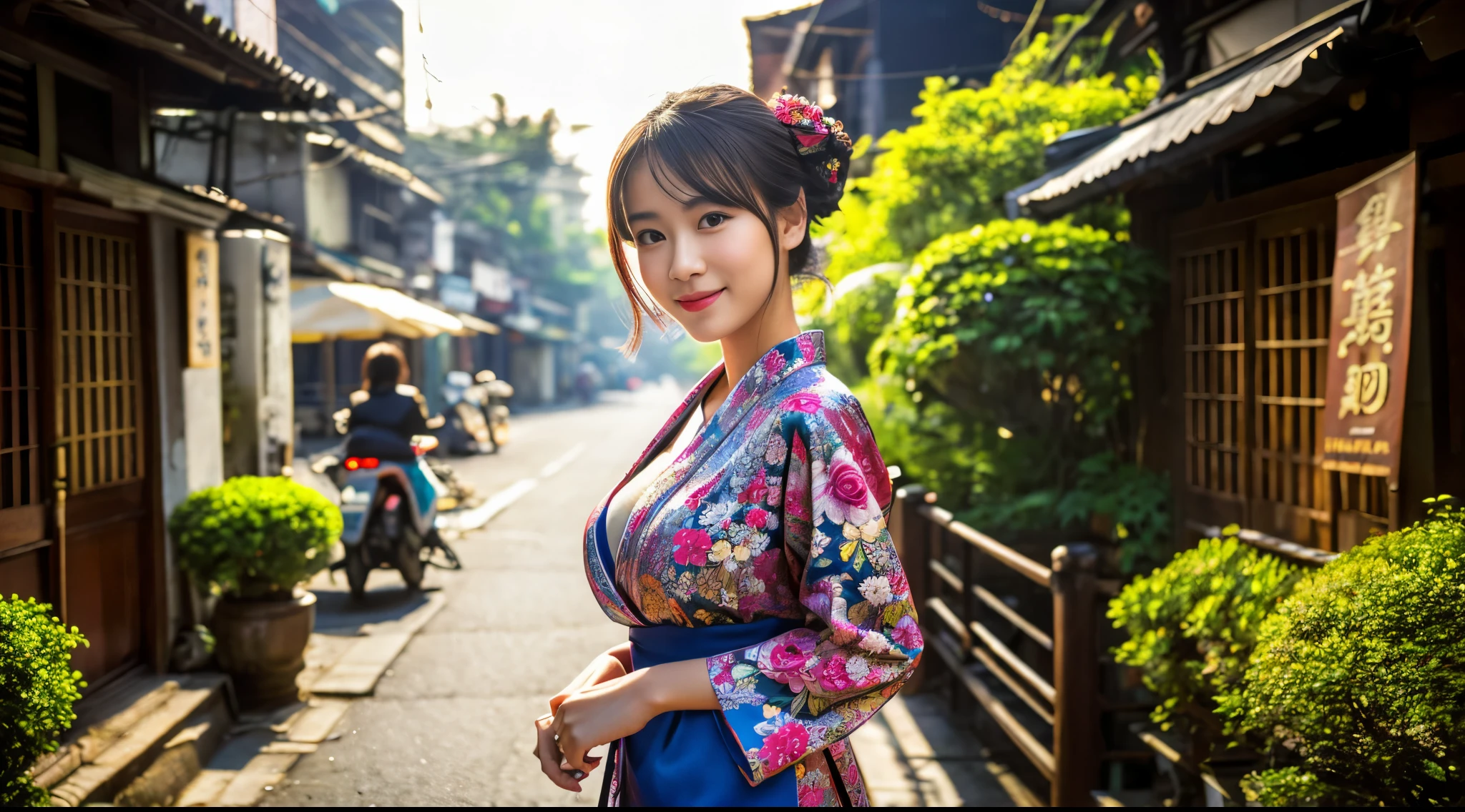 Full body,1girl,standing ryokan,warm smile(Perfect figure,be tall and slim),solo,(outdoor:1),sky,Focus on the face,looking at the viewer,Beautiful face,cute Japanese girl,Detailed delicate young face,oiled skin,(updo hair, sexy kimono, floral print, colourful),(beautiful breasts,Big tits:1.2,big breasts:1.1),(nice hip),thigh gap, vivid picture,masterpiece, (best quality:1.2),ultra-detailed,realistic,High definition,High quality,Cinematic Light,Ray tracing,ultra high res,UHD,(photorealistic:1.4),intricate details,detailed texture,finely detailed,High quality shadow, hanoi city background