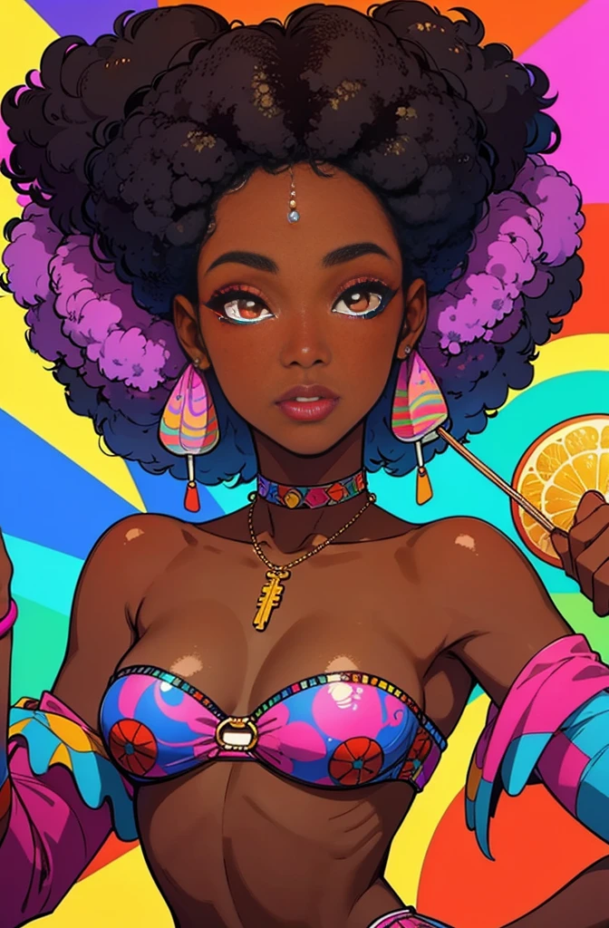 (best quality:1.1),original,1girl,chic,trendy,pop,afro,dark skin,makeup,1970's,psychedelic