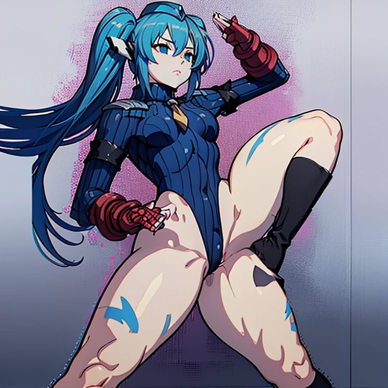 ultra-detailed, Explicit, Beautiful body, Beautiful Nose, Beautiful character design, perfect eyes, perfect face, ultra highres, 4K, beautiful legs, perfect legs, Nice hands, Perfect hand, Masterpiece, Best Quality, Highly detailed, illustration, absurdres, street fighter, doll suit, shadaloo doll, dollsuit, expressionless, blank eyes, looking at viewer, red gloves, emotionless, black latex, corrution, mind control, female combatant, full body, hypnotized, unhappy trance, full body suit, ribbed bodysuit, both arms at side, obey, perfect female body, extremely glossy latex, hypnosis, hypnoLora, empty eyes, Mind control device, poses, submissive_pose, Slave, hat, necktie, stand up straight, standing, standing at attention, hat, necktie, belt, latex, ribbed bodysuit, thighhighs, garter belt, Fighting Stance, extending the right arm from the shoulder into the air with a straightened hand, nazi saluting, military, military saluting, salute, thigh boots, 1girl, solo, Nymph, sora no otoshimono, blue hair, twin tails, blue eyes