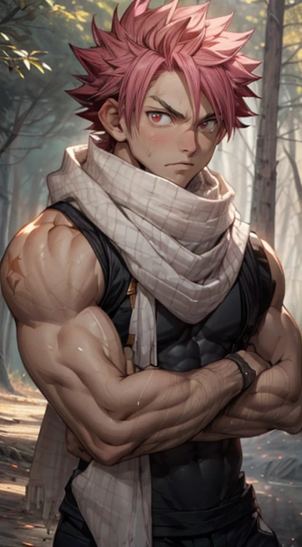 masterpiece, best quality red eyes, game cg, 1boy adult man, rugged adult face, solo, male focus, looking at viewer, upper body, Natsu Dragneel natsu_dragneel, pink hair, red eyes, shirtless naked, toned muscle, pectorals, 8 abs, toned legs, naked, slightly bulged, forest fire and ember particles:1.2, detailed, dynamic lighting, well lit, ((white scarf ))