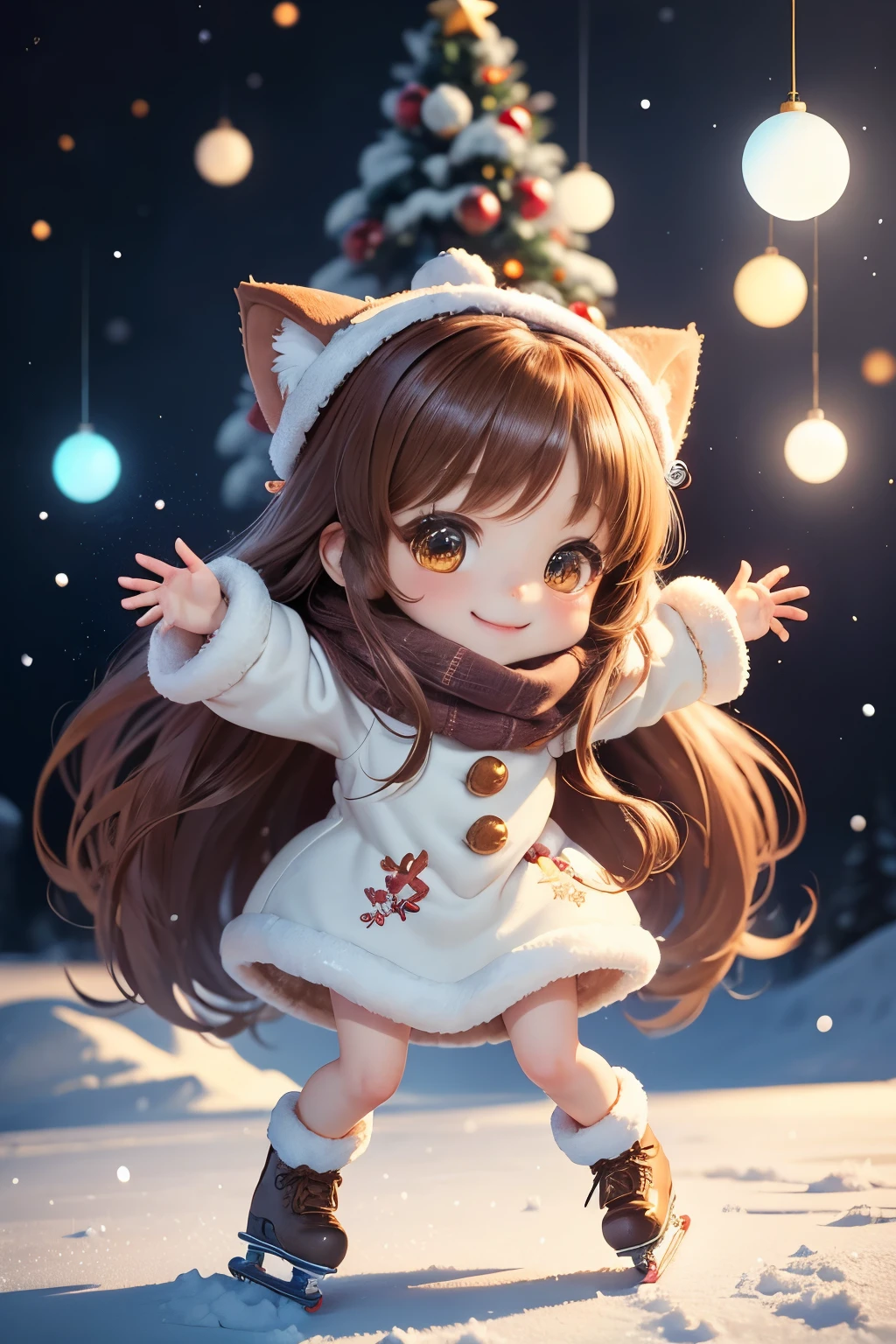 The highest image quality、fairy tale world、Fun and cute smile、Chibi Chara、Super Deformed、large head and small body、a very pretty girl、brown colored long hair、Big shining eyes、Wear warm winter clothes and enjoy skating on the ice、Christmas tree, light and snow scene、