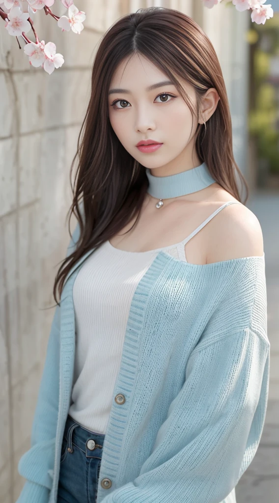 (Masterpiece, Excellent, 1girl, Solo, Intricate Details, Color Differences), Realism, (Medium Breath)), off-shoulder, Big, Sexy, Yaemiko, Long light blue hair, Silver headdress, red highlights, hair above one eye, Green eyes, Earrings, Sharp eyes, Perfectly symmetrical figure, Choker, Neon shirt, Open jacket, Turtleneck sweater, towards the wall, brick walls, graffiti, dim lighting, alleys, looking at the audience, ((meaningful, enchanting, fascinating)), (cherry blossom background))), Japan(glittering background)))