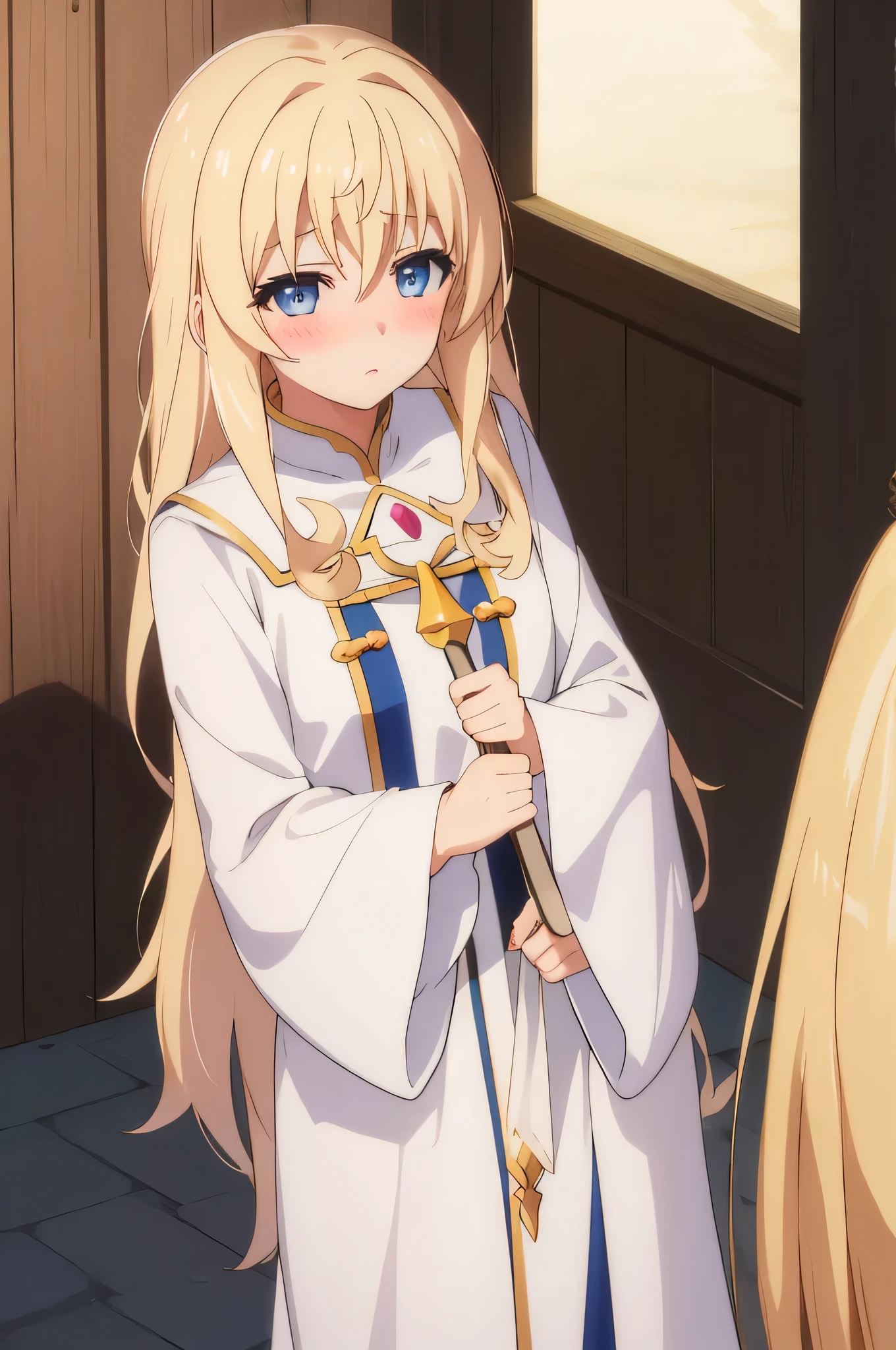 priestess, blonde hair, blue eyes, long hair, hair between eyes,((blush))