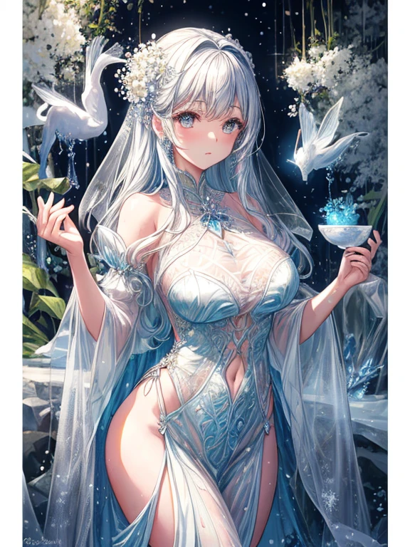 scenecy, Paradise in Heaven, White lighting,(masutepiece), (Best Quality), (Cinematic), 8K, (art  stations), Li Yue painting style.(長い白い髪とSilvery eyesを持つ1人の女), (流れるような白くSheerドレス)、(Beautiful delicate face)、[ Particle Lou Full Moon] [Frozen trees々] [landscape crystal] [Lighting] [Ethereal Atmosphere]:1.1] [Fantasy, short story] [soft Lighting] [+Cinematic shot]:1.2 [+art  stations] [+luminous white background] [+soft Lighting] [soft glow] [Creative and dynamic angles]:1.3, [+Crystal Toning] 、masutepiece, ighly detailed, Ultra-detailed, Solo, (pale skin), Silvery eyes, Frosty white hair, (snowy background), (snowflake rosen flower:1.0), crystal crown, (shining crystal), (((白くSheerドレス))), (Snowy ground), (Icy breath), (White lashes), 花のある部屋に立つSheer繊細なウェディングドレスを着た美女, Female 、luxurious wedding, very magical and dreamy, dreamy and detailed, ethereal fairy tale, The setting of a fairy tale:,贅沢なSheer薄いドレス, dreamy diamond、たくさんのクリスタルが付いたSheerドレス, fantasy sheer dress, A magical dress with a transparent chest, crystal see-through dress, Feminine atmosphere and drama in a transparent dress with sparkling flowers, Gorgeous setting, 妖しい雰囲気 masutepiece, The most beautiful scenes, An majestic、(((full of white flowers)))、quiet and serene atmosphere、A charming, Sheer,The nipple is visible、large boob、sexy00,たくさんのクリスタルが付いたSheerドレス, fantasy sheer dress, Transparent chest dress, See-through dress studded with crystals, Woman in a transparent dress with sparkling white flowers, intricate fantasy sheer dress, transparent rainbow color, Detailed translucent costume design, transparent dress, a stunning young ethereal figure, Bejeweled Opal Statue, fantasy transparent costume,pure white and dazzling、all white tones,Inside the crystal library,Transparent flowers and falling snow，Many white roses are planted,(flowingwater,falls,water bloom),The decoration is also carefully done.,Dreamy（ighly detailedです，Creative Design，crisp and precise lines，K HD，best qualtiy，tmasterpiece，超hight resolution，4K）、huge tit、Underwear models、Diverse poses、((beautiful white flower hair ornament))、beautiful hairl型、Full body view、sexymodeerhead view, look from above、(Best Quality, 4K, 8K, hight resolution, masutepiece:1.2), Ultra-detailed, Detailed expression, Graceful posture, dreamy ambiance, expressive brush strokes, mystic atmosphere, artistic interpretation,beautiful hairl，Delicate floral jewelry， 驚くほど小さな新鮮なスタイルのSheerドレス、(SFW:1.5), (Oversized breasts, best body proportions, proportions of large breasts,:1.5),