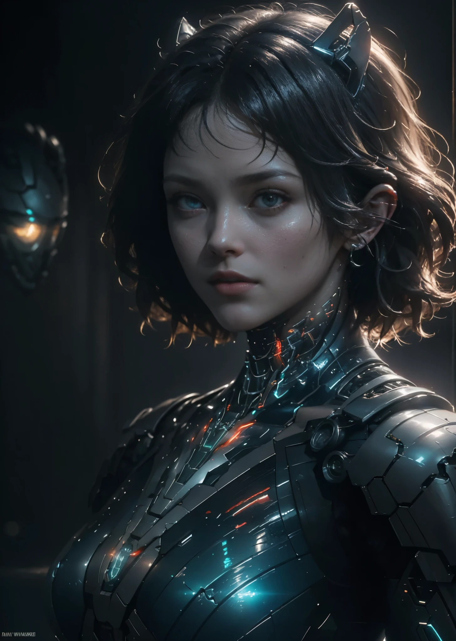 Beautiful portrait of perfect ((cyber punk girl)), slender body, big breasts, shapeless long hair, small mecha horns, wearing BDSM body harness, perfect features, abstract beauty, near perfection, pure form, dynamic pose, ethereal demonic background, (deep dark shadows), (strong cinematic lighting), (back lighting), concept art by Greg Rutkowski and John William Waterhouse and Alphonse Mucha, stunning details, intricate details, 8k post-production, High resolution, super details, trending on ArtStation, sharp focus, depth of field f/1.8, studio photos, (((looking at camera))).